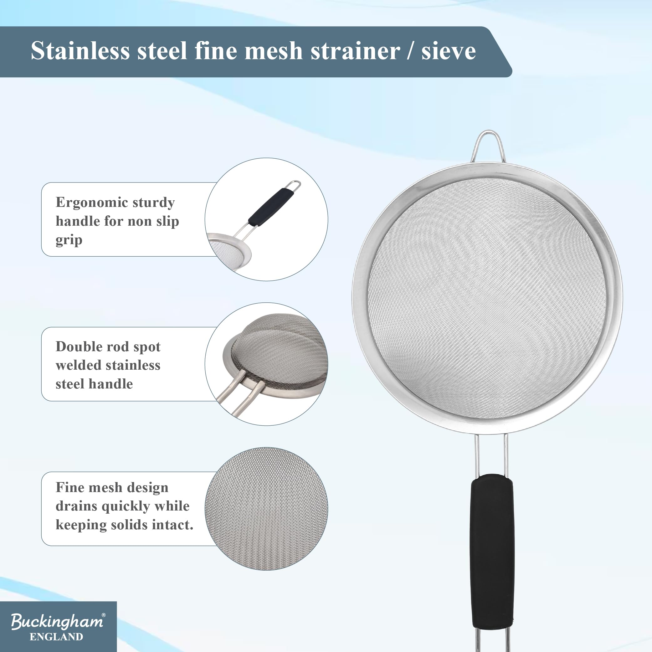 Buckingham Feinstampfer aus Edelstahl mit schwarzem flachem Griff (20 cm)