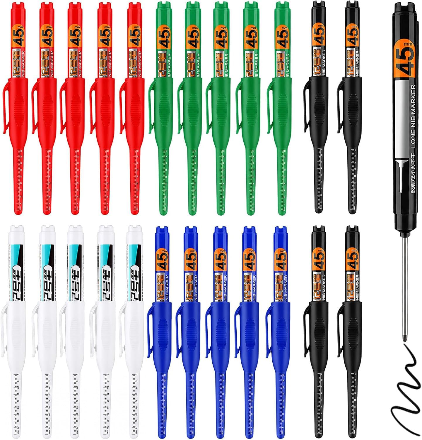 Avvchuy 20Pcs Long Nib Marker Pen, 45mm Deep Reach Markers Pens Waterproof for Carpenter Metal Wood Marking