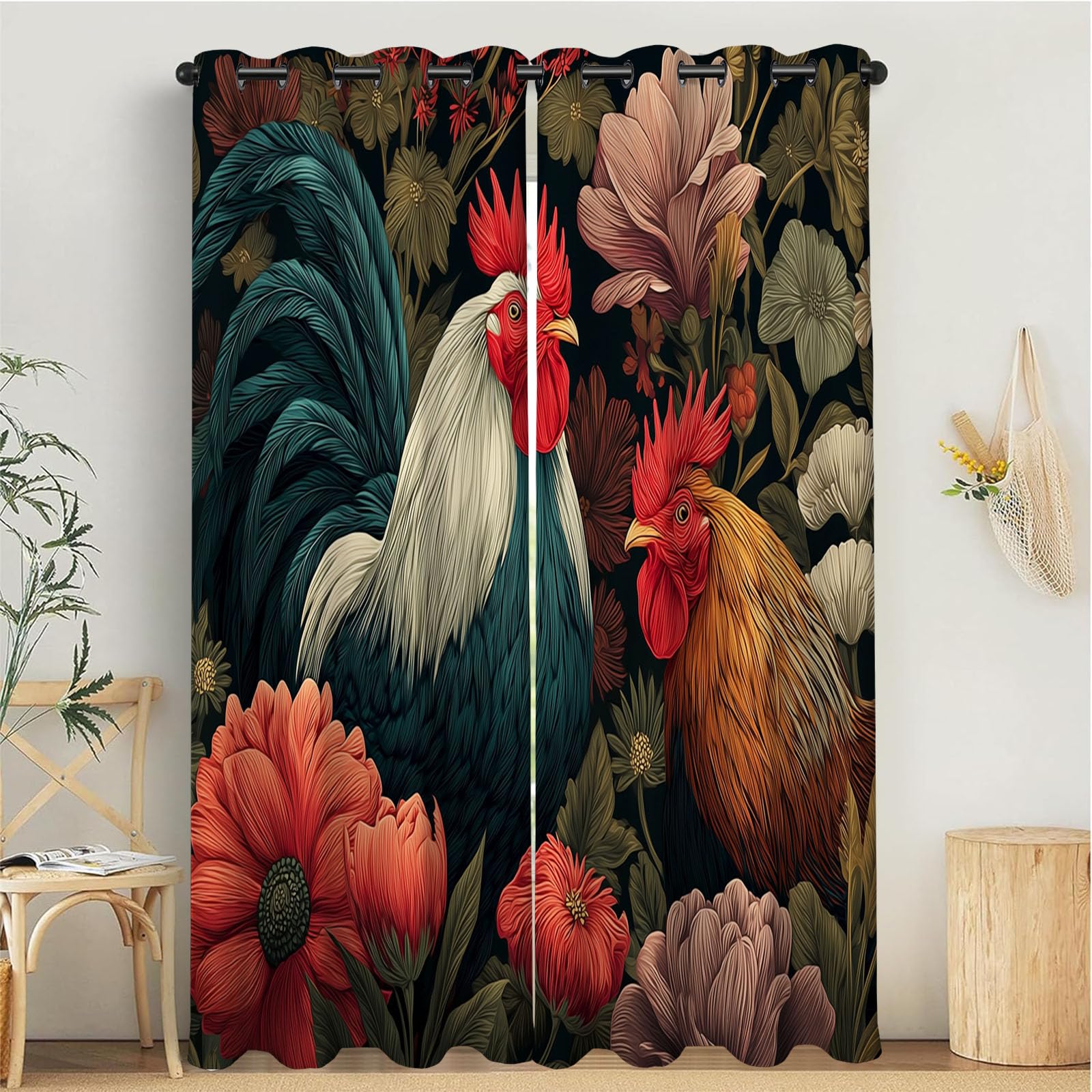 Rideau occultant nature coq et fleurs 140x240cm lot de 2