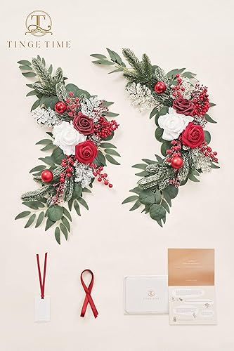 Miniatura 7 de TINGE TIME 2 candelabros de Navidad, guirnalda de flores artificiales para candelabro, guirnalda floral roja y blanca para decoración de Navidad,