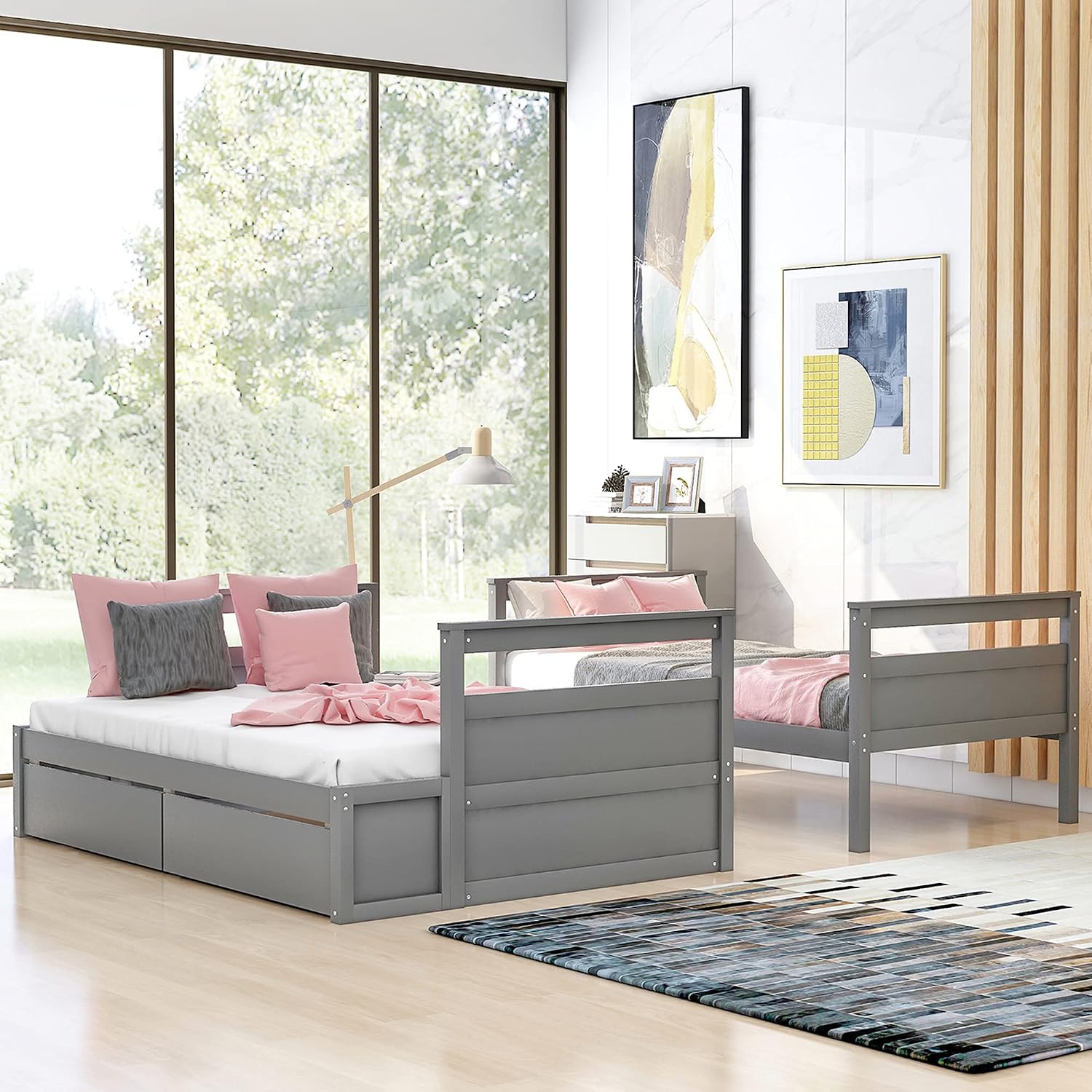 Diagram showing the dimensions of the P PURLOVE Twin Over Full Bunk Bed with stairs and drawers.