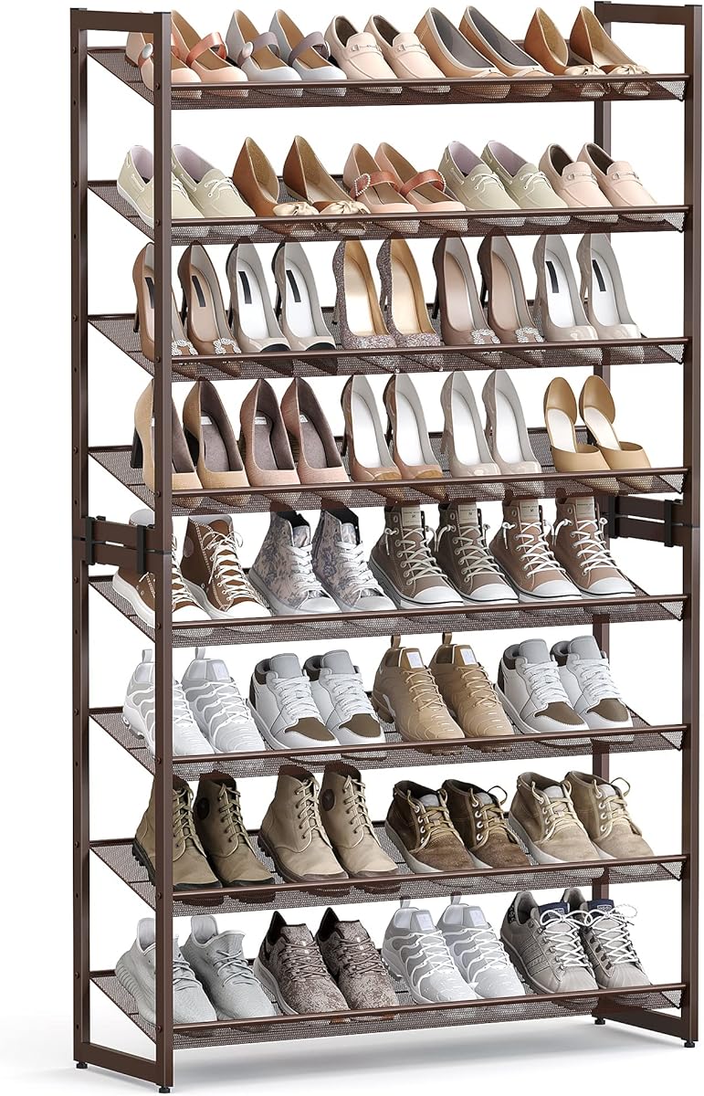 SONGMICS Shoe Rack, 8-Tier Shoe Organizer, Metal Rack for Garage, Set of 2, 4-Tier Stackable Shelf, with Adjustable Flat or Angled Shelves, 32-40 Pairs, Bronze ULMR08A