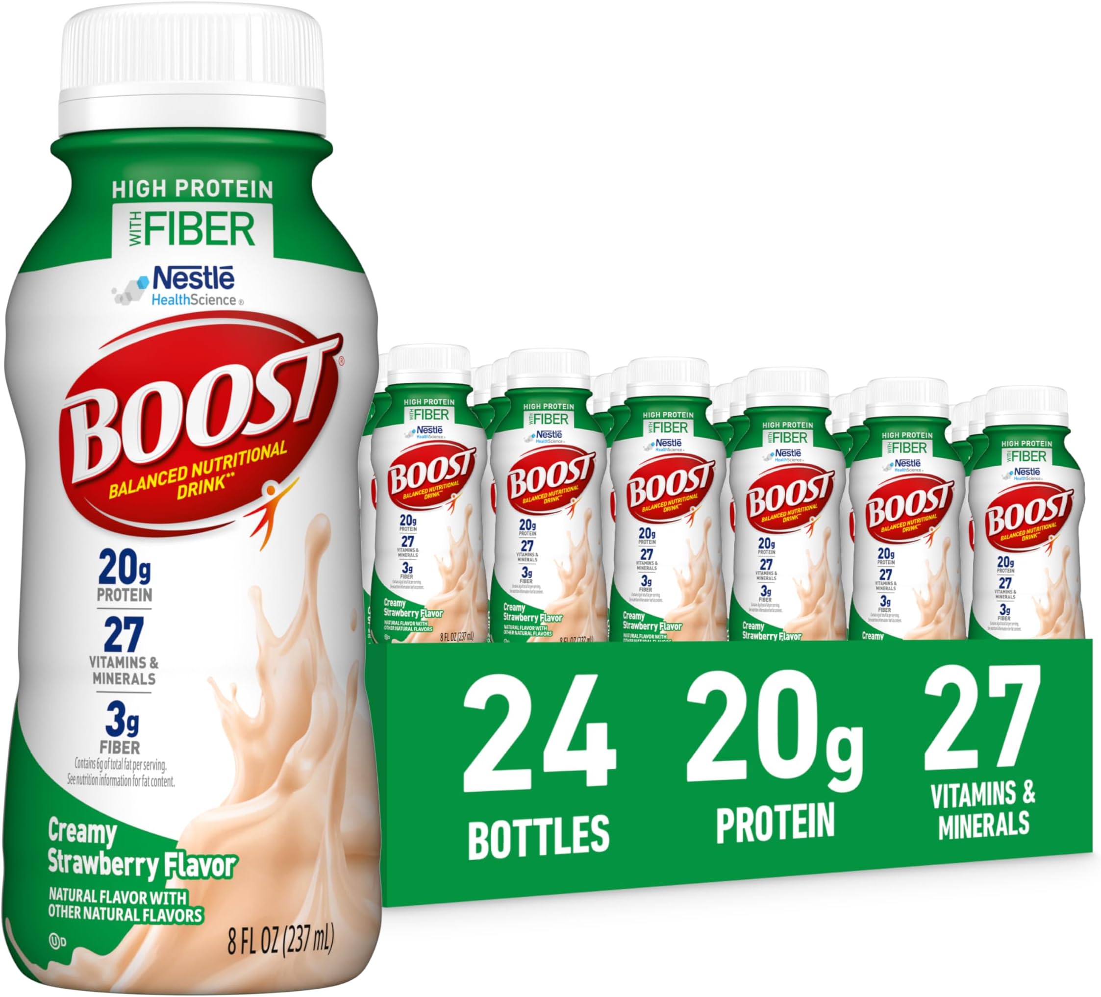 BOOST High Protein with Fiber Ready to Drink Complete Nutritional Drink, Creamy Strawberry, 8 fl oz Bottle, 24 Pack
