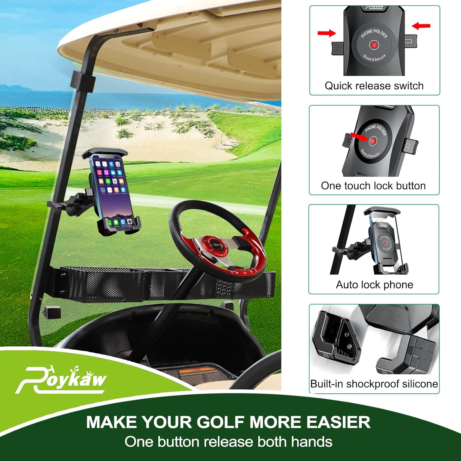 Roykaw Golf Cart Phone Mount Holder for iPhone/Galaxy/Google Pixel/Motorola- Compatible with EZGO, Club Car, Yamaha, Upgrade Quick Release & One-Touch Lock - Image 4