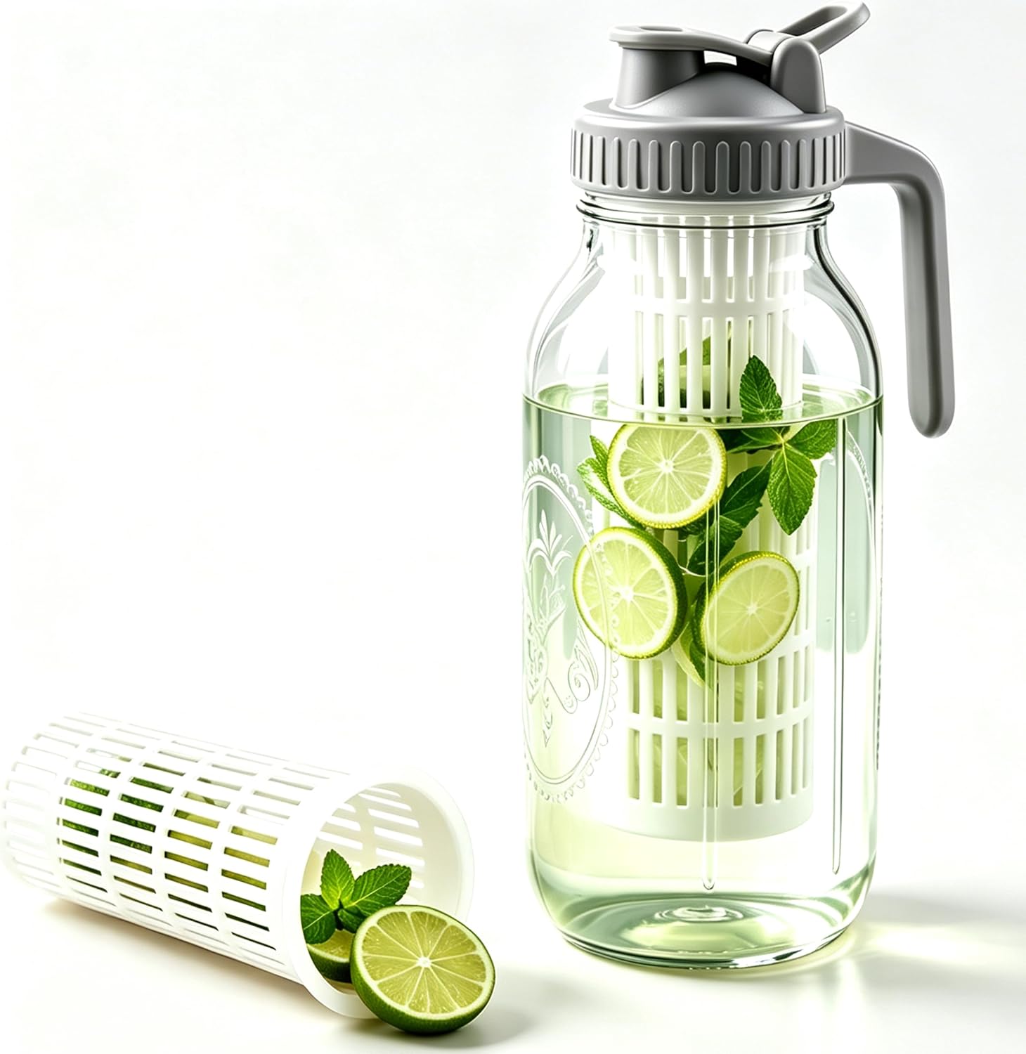 Glass Fruit Infuser Water Pitcher 64 Oz Mason Sun Tea Jar for Fridge