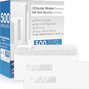 #8 Double Window Security Check Envelopes,Double Window Self Seal Security Envelopes,No.8 Double Window Bussiness Envelopes,500 Pack,Size 3 5/8 x 8 11/16 Inches,Designed for ChecksNOT for INVOICES