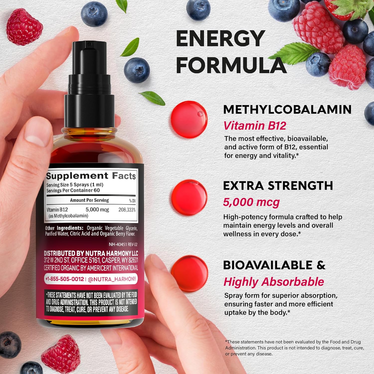 USDA Organic Vitamin B12 Sublingual Spray - 5000 mcg Liquid Vegan Methylcobalamin for Women & Men - Energy Boost, Focus & Mood, Brain Health Support - Maximize Absorption - 2 Month Supply, 2 fl oz