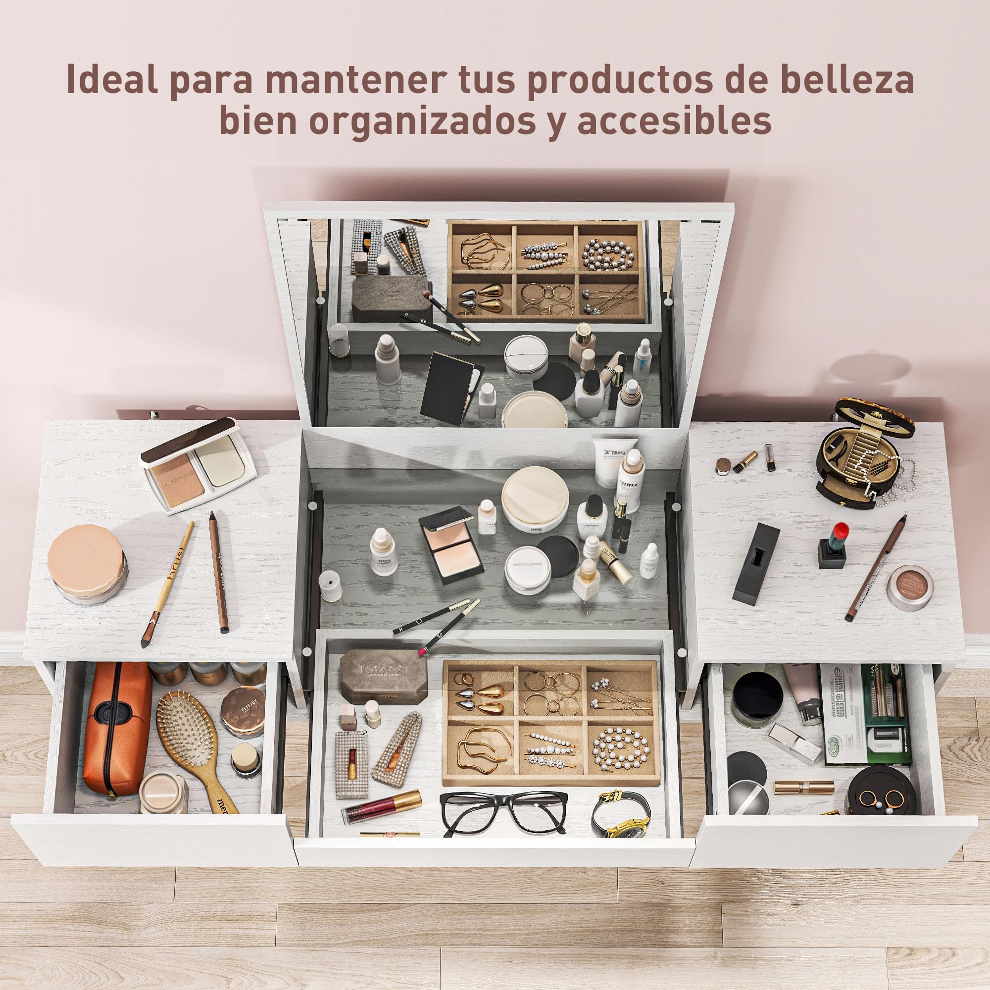 HOMCOM Tocador de Maquillaje con Espejo Tocador con Encimera de Vidrio Templado Visible 3 Cajones Mesa de Maquillaje Moderna para Dormitorio Blanco