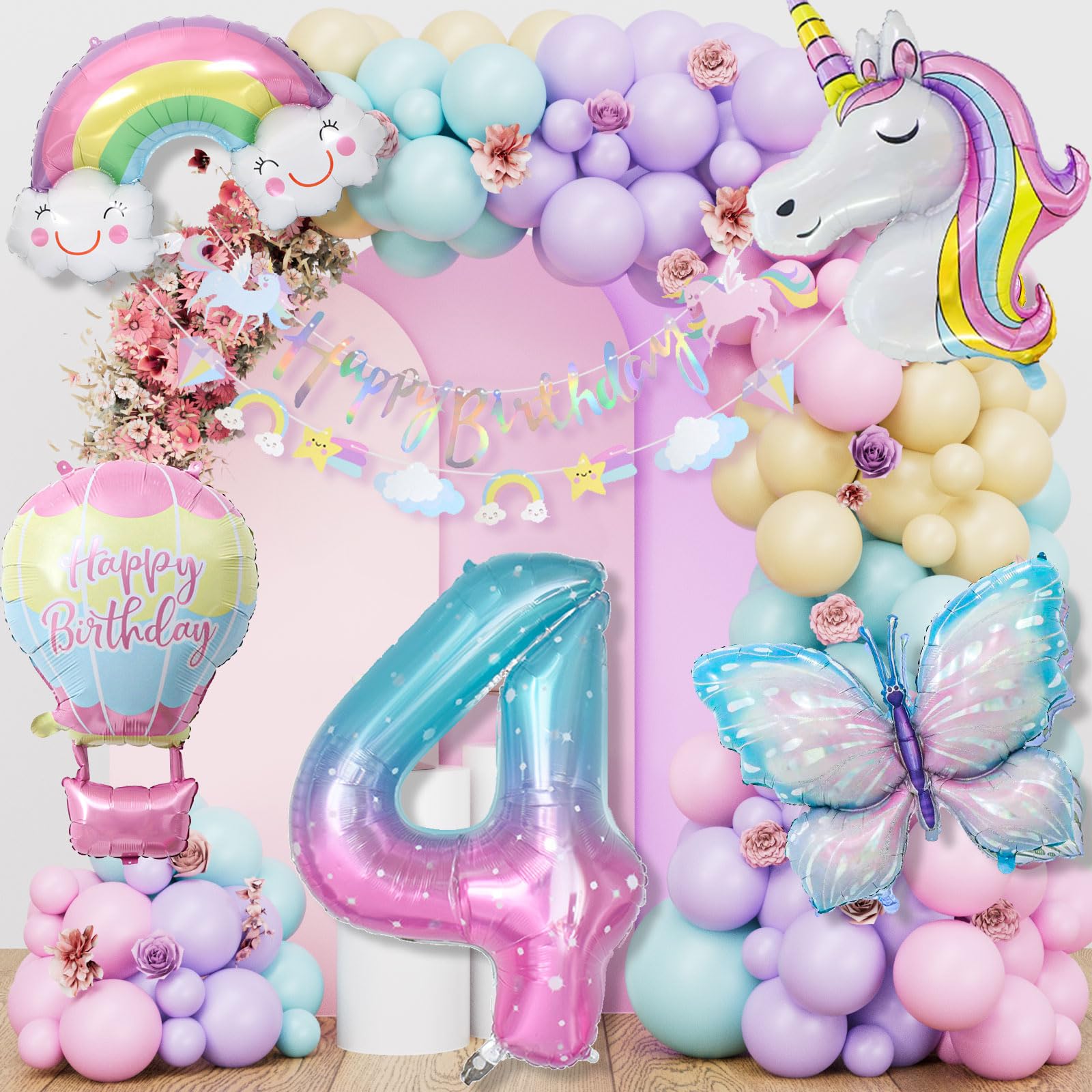 Einhorn Geburtstagsdeko Mädchen, 5 Jahre Schmetterling Geburtstag Deko, Einhorn Deko Kindergeburtstag, 1-10 Jahre Happy Birthday Deko, Einhorn Luftballons für 5. Geburtstag Mädchen Deko