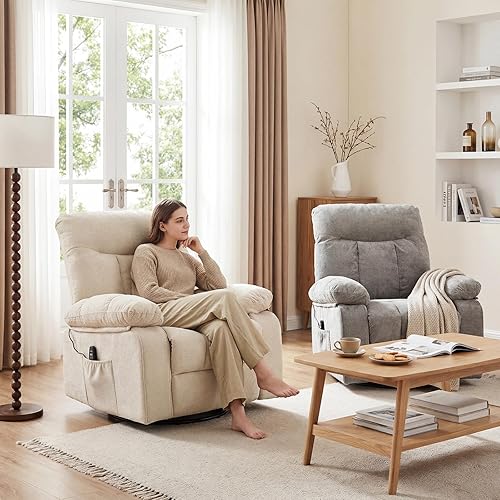 Vista 8 de DUMOS Rocker - Silla reclinable giratoria con masaje por vibración y calefacción lumbar, sillón reclinable de tela de felpilla giratoria de 270°