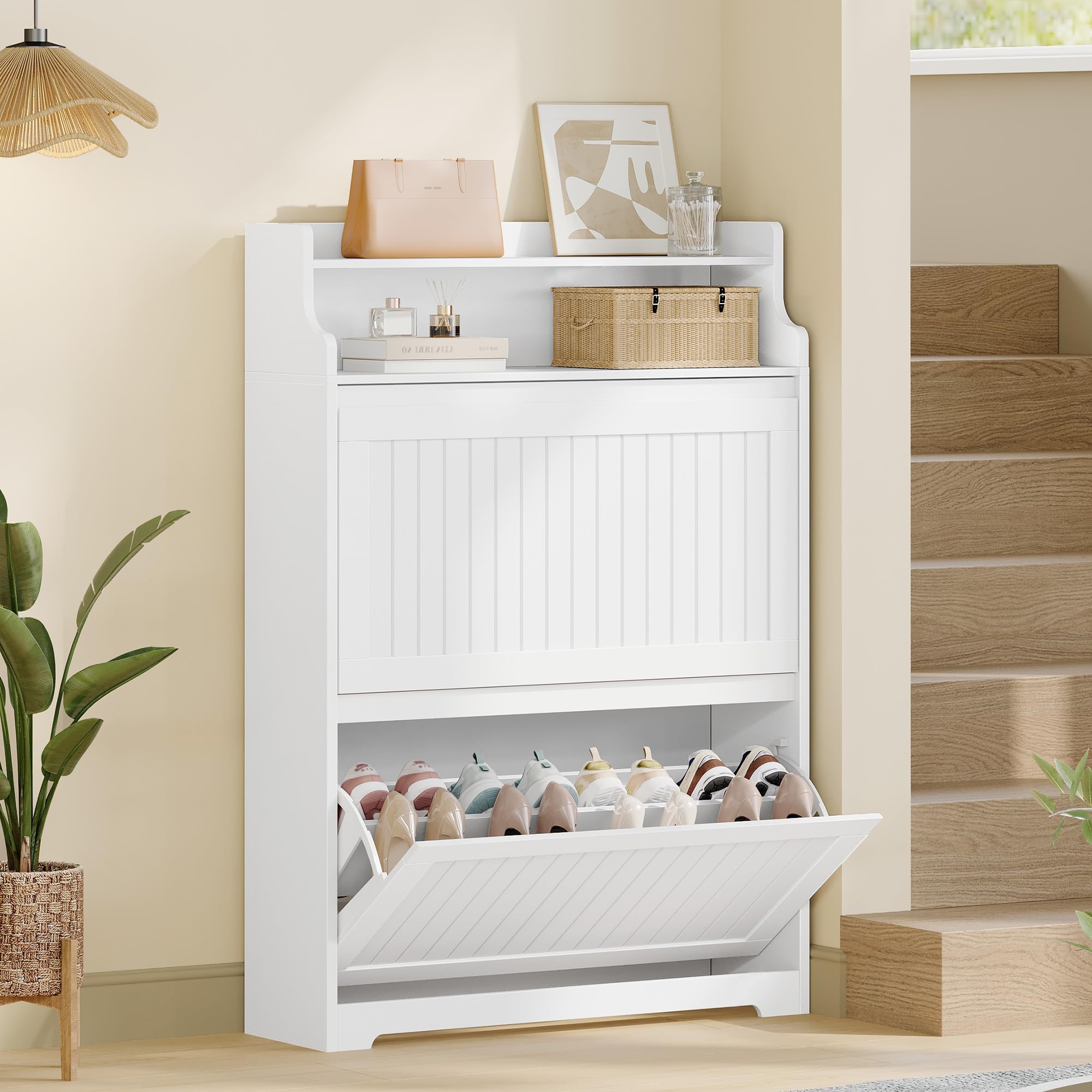Hzuaneri Mueble Zapatero, Estrecho Zapatero Entrada Recibidor, 2 Puertas Oscilobatientes y Estantes Ajustables para 16 Pares Armario, 24 x 80 x 117,5 cm, Blanco SR66103X | Zapatero ajustable SR66103X para pasillo, salón, color blanco