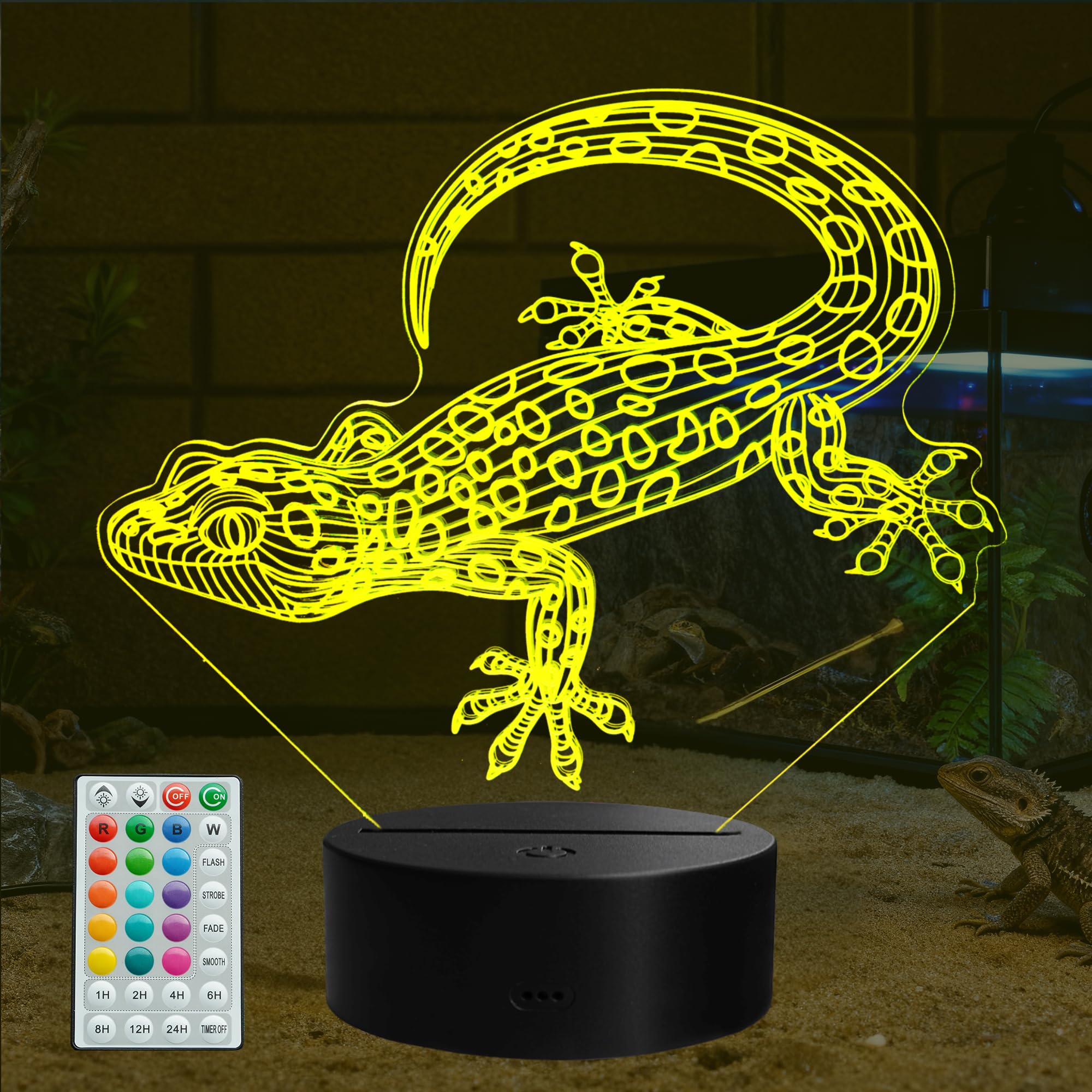Leopard Gecko 3D Night Light, 16 Colors with Remote Control, Timer, RGB Flashing Mode, Dimmable LED Illusion Lamp, Lizard Accessories for Birthday Holiday Christmas Decor