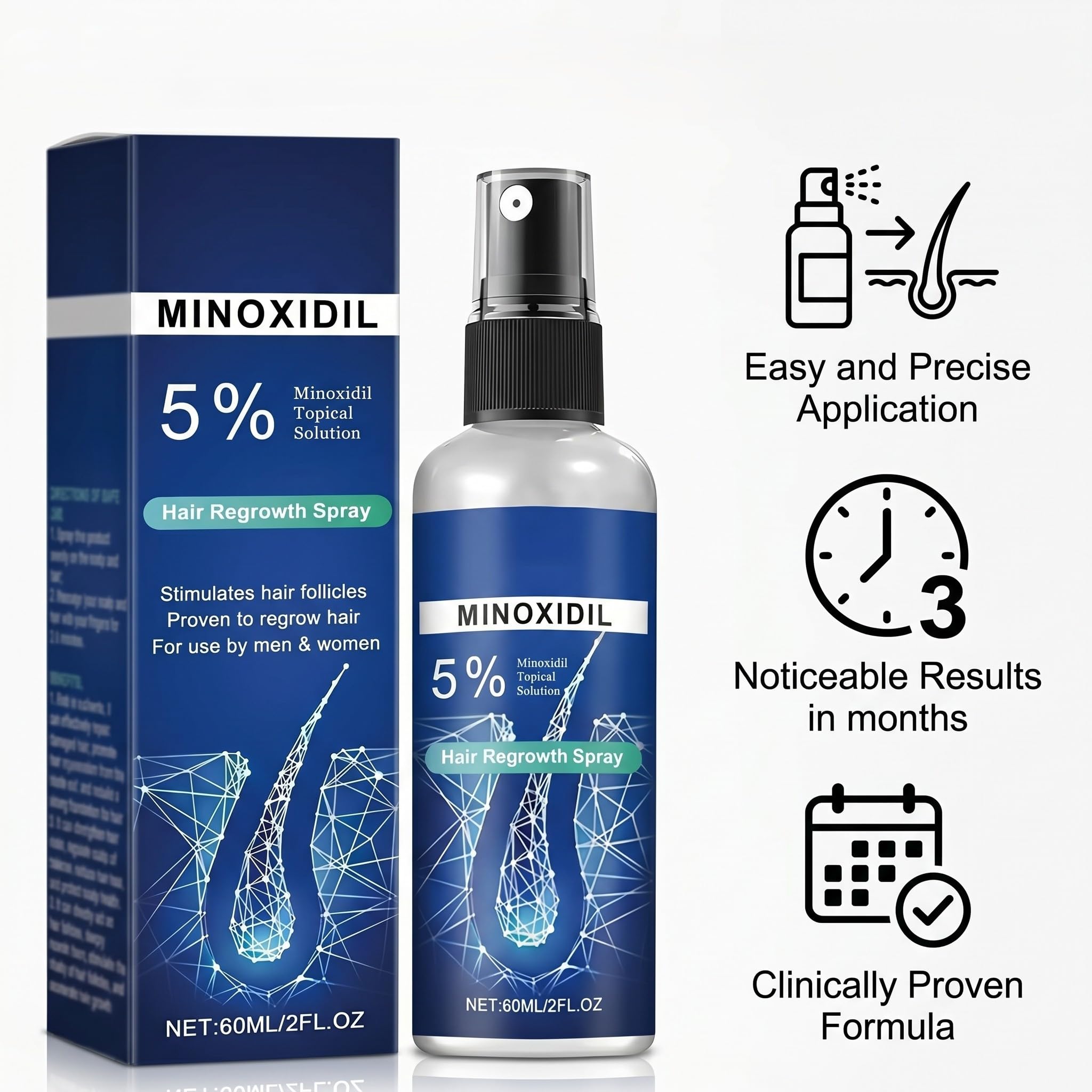 Minoxidil Hair Serum spray for Men and Women, 5% Minoxidil Hair Serum, promotes hair growth, makes hair and beard thicker and fuller- 60ml — view 2