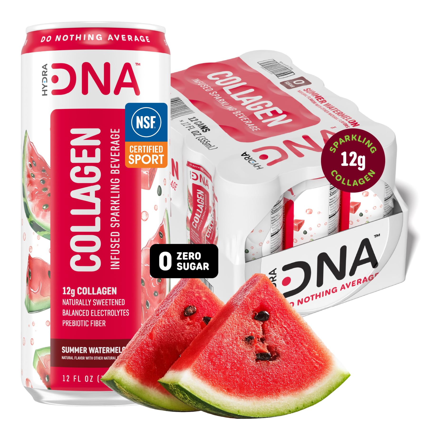 HYDRADNA- Sparkling Liquid Collagen Protein Water Drink Balanced Nutrients for Wellness - Sugar-Free - Keto-Friendly - No Gluten (12 Pack) Watermelon