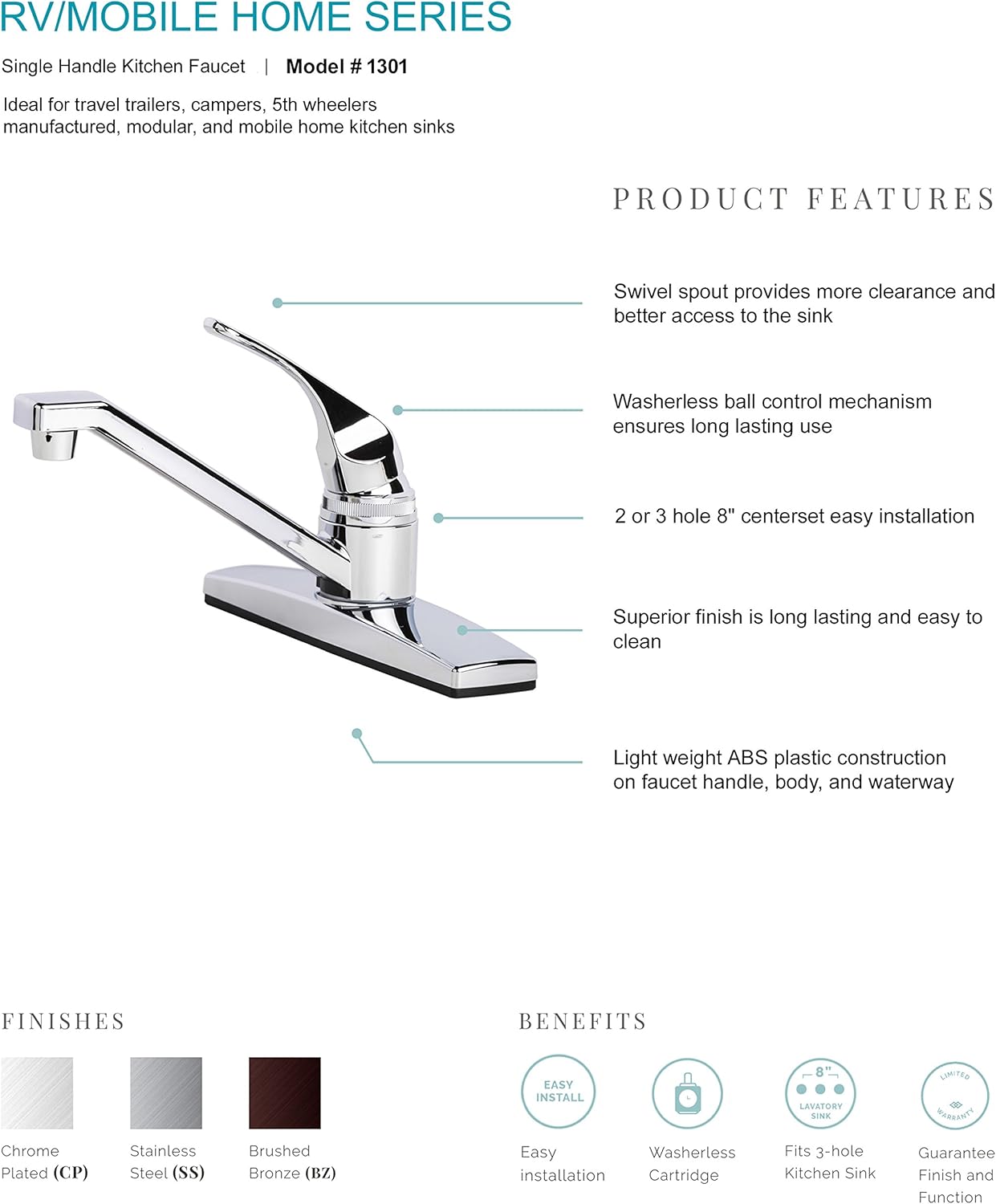 Laguna Brass 1301CP RV Mobile Home Non-Metallic Swivel Kitchen Sink Faucet Chrome Finish