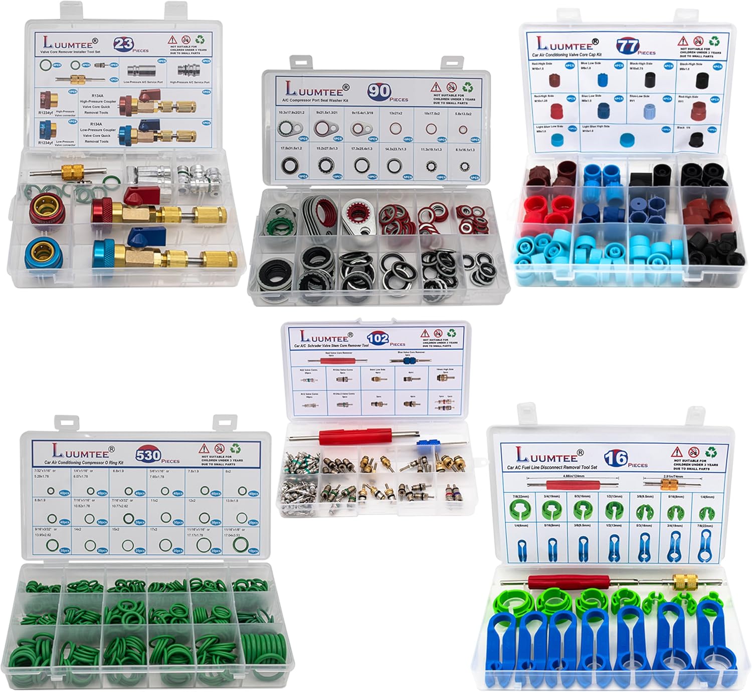 6 Set Car A/C Repair Kits,R134A Valve Core Remover Installer Tool Set+A/C Valve Core Kit+O-Ring Seals Kit+Charging Port Dust Caps+A/C Fuel Line Disconnect Tool Set+Compressor Gasket Seals(838PCS)
