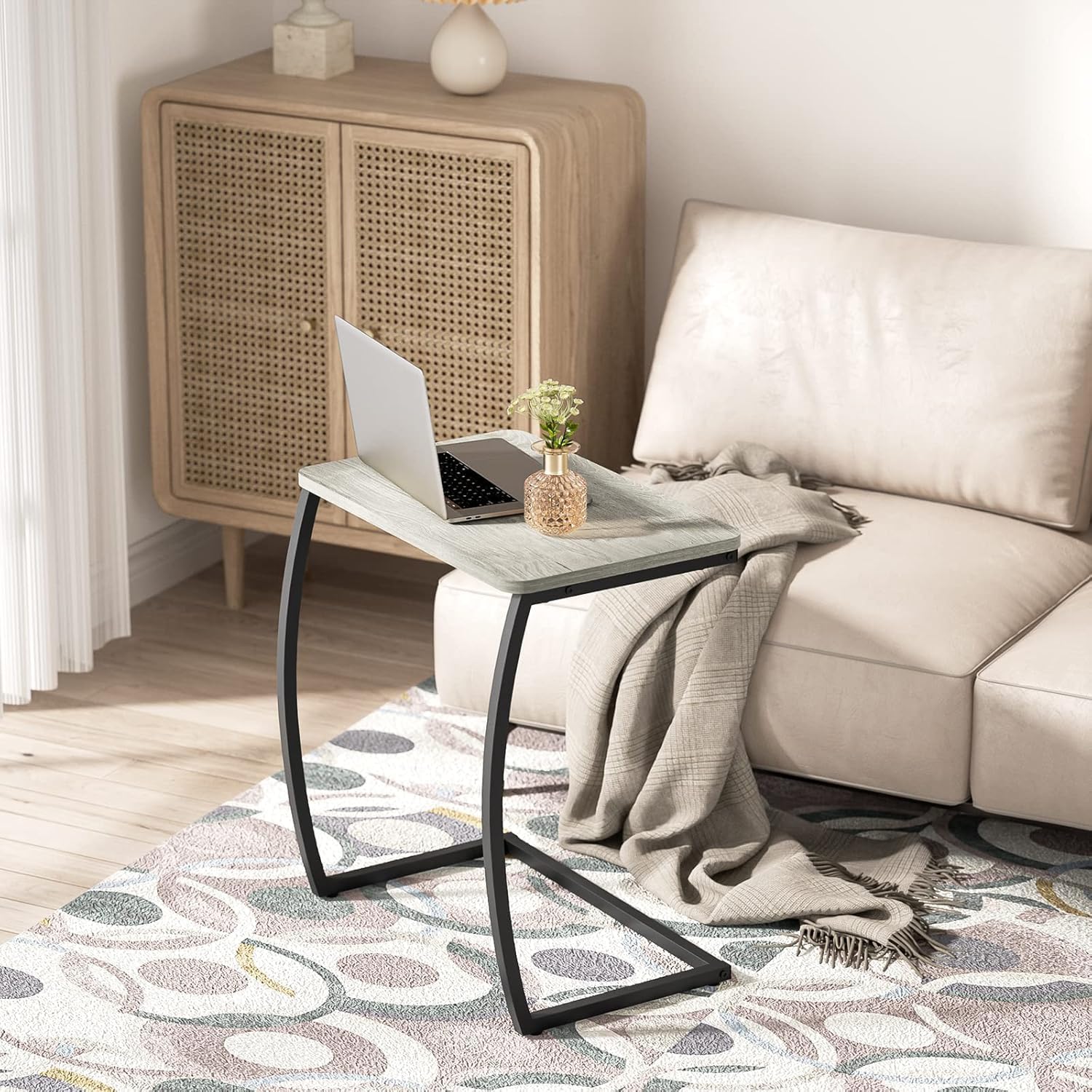 SRIWATANA Side Table, End Table, Vintage C-Shaped Couch Table for Sofa Laptop Coffee Snack, Light Grey