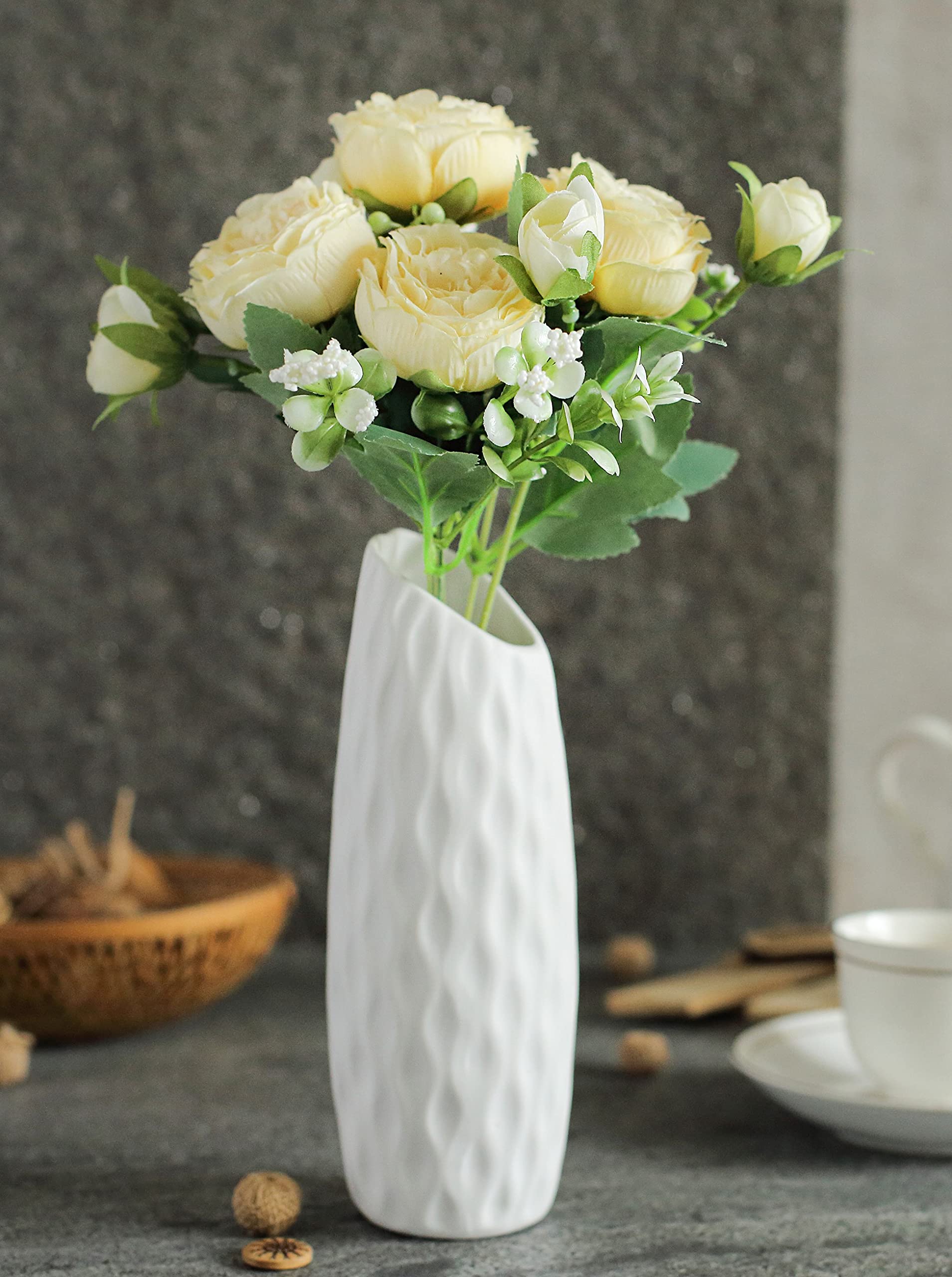 SATYAM KRAFT 1 Pcs Artificial Rose Peony Flower Bunch for Home, Bedroom, Office, Living Room, Anniversary Decoration, Gifting & Table Decor – (Fabric) (Without Vase) (Off-White)