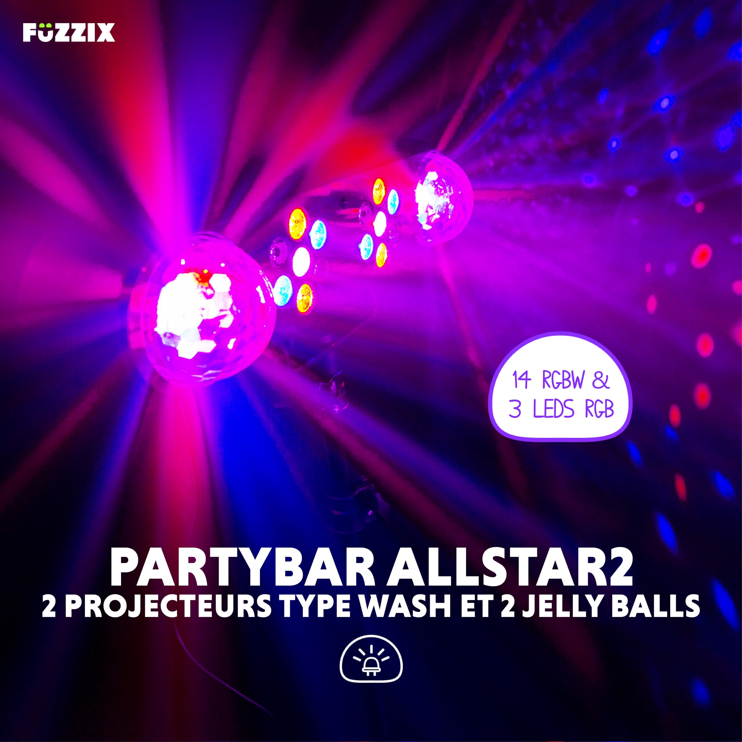Fuzzix ALLSTAR2 Party Light PAR LED sur Trépied, Jeux de Lumière DJ, Hauteur 165cm Max, 2 Projecteurs Wash, 2 Jelly Balls, Mode Automatique ou Détection du Son, Idéal pour Animer vos Soirées