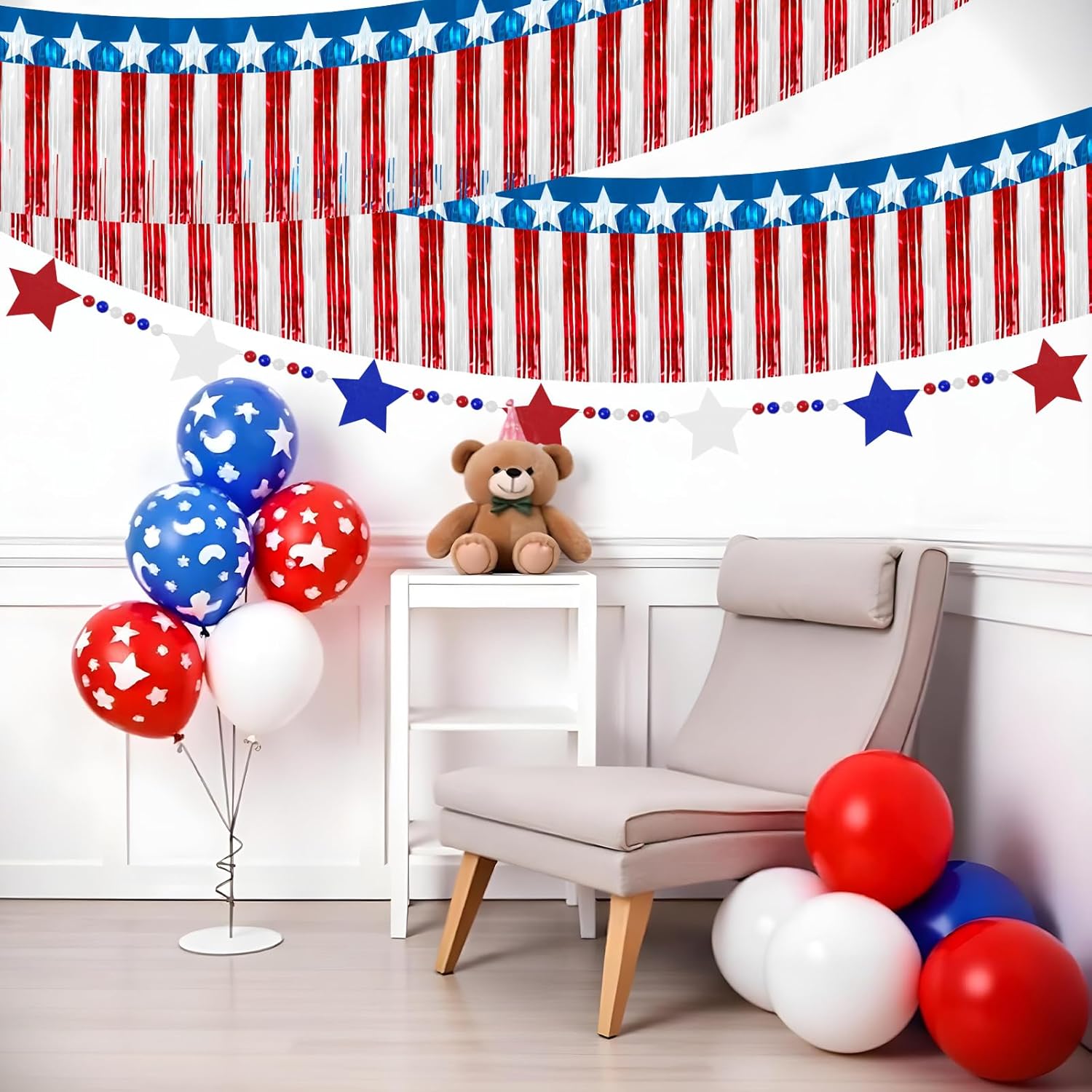 4th of July Decorations 2 Packs 39FT Patriotic Foil Fringe Garland,1 Pack 4.2FT Wooden Bead Garland, Red White Blue Patriotic Metallic Tinsel American Flag Banner of Halloween Party Independence Day - Image 5