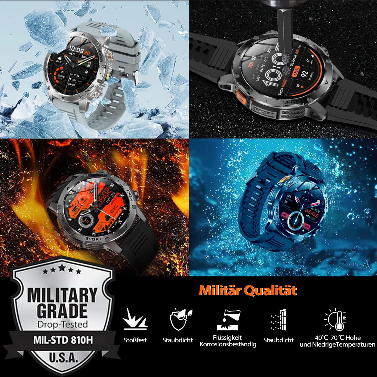 Montre Connectée Homme 1000mAh/LED Lampe, 1.7" HD Écran Smartwatch Homme avec Appel Bluetooth, Trackers D'activité 100+ Modes Sportifs, 24H Sommeil, IP68 Étanche, Podomètre Militaire Android iOS Noir