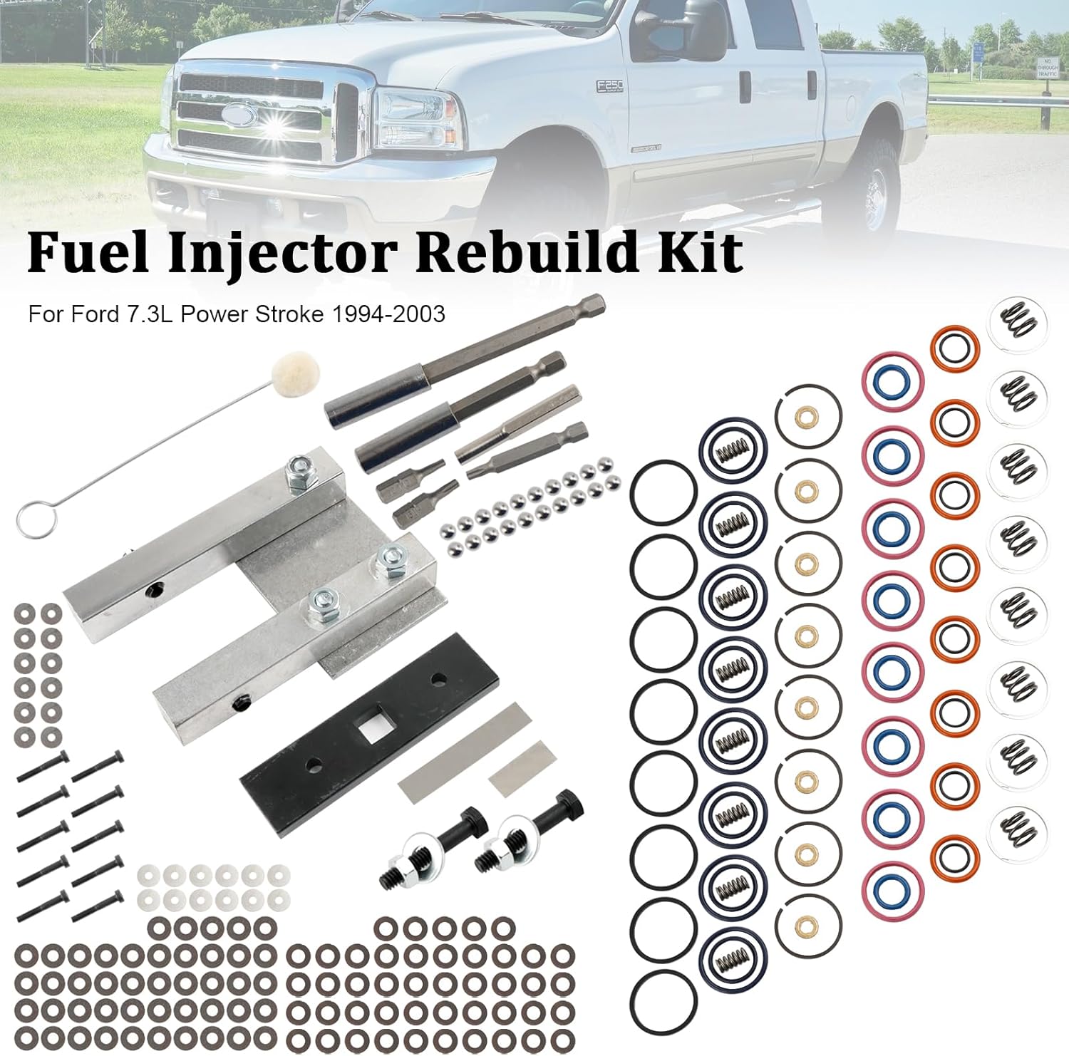 Areyourshop Fuel Injector Rebuild Kit for Ford 7.3L Power Stroke 1994-2003 with Vice Clamp And Tools Spring DT466E, I530, 1833564C92, DP0008 DP0007