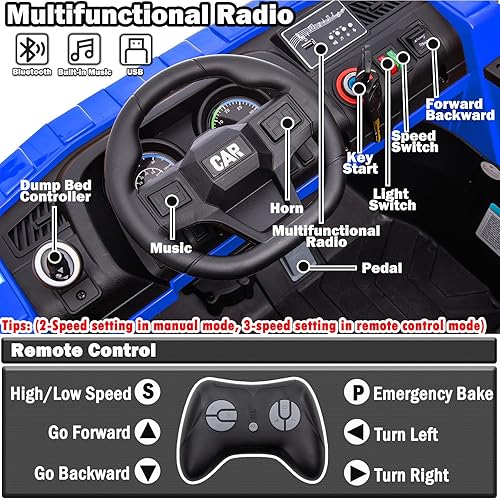 Miniatura 6 de NEWQIDA Camión volcador de 24V para niños, coche eléctrico con control remoto, vehículos de construcción con cama basculante eléctrica, pala, 2 Azul