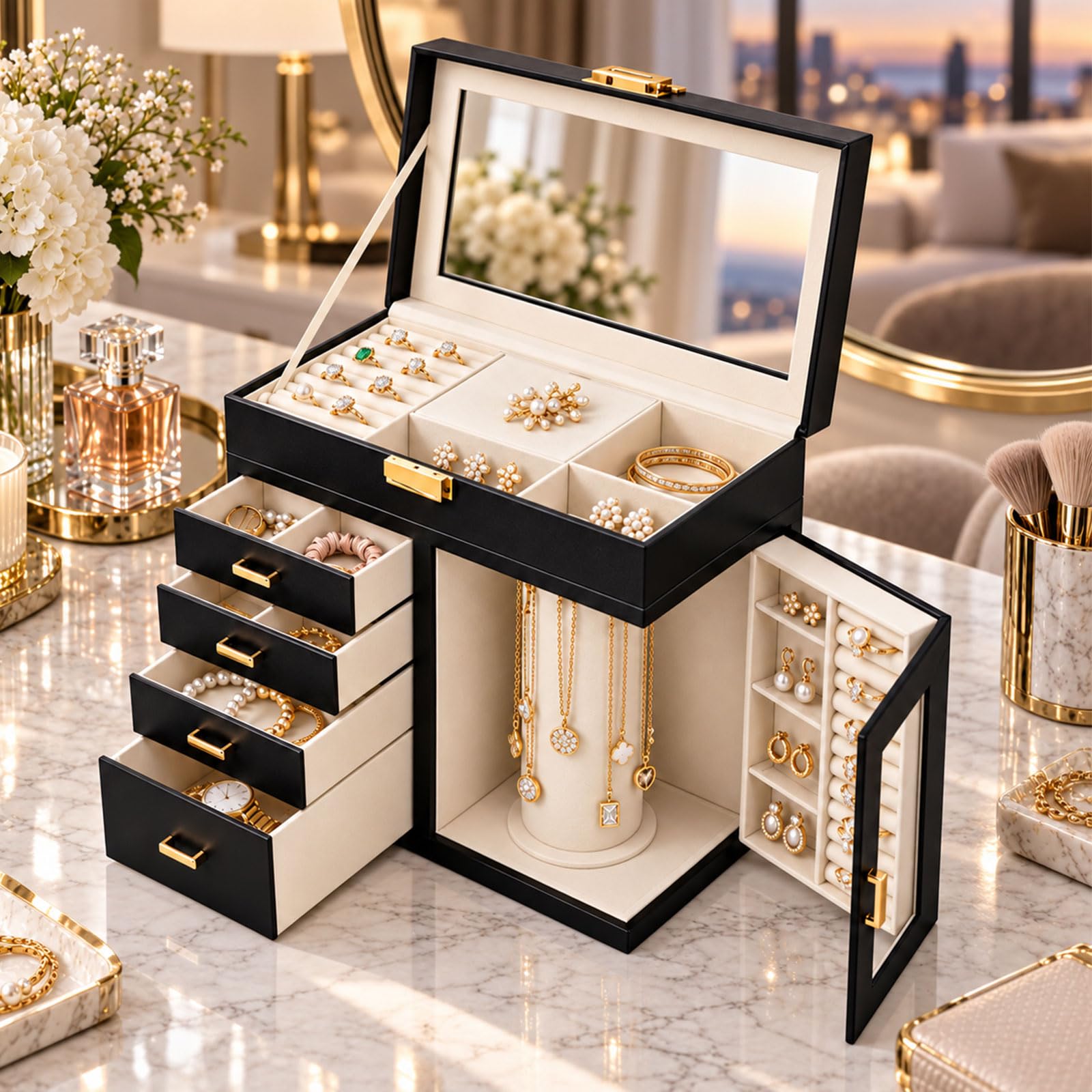Organizador de joyas Vanity con apertura de vías y cajones