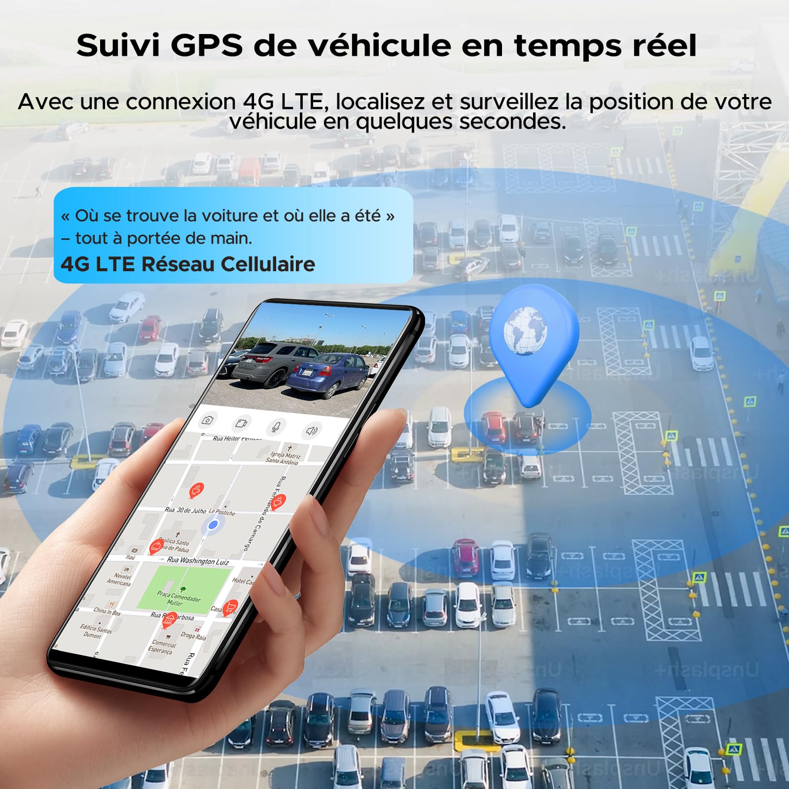 LAMTTO Caméra de sécurité 4G LTE pour voiture contre le vol, traceur GPS pour une conduite sûre, vue en direct à distance, caméra de surveillance de voiture avec alarmes et cloud, surveillance de