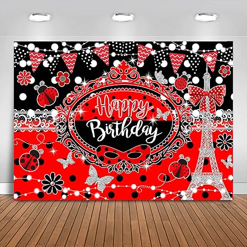 Telón de fondo de cumpleaños de 7 x 5 pies, torre Eiffel, mariposa, rojo y negro, decoración de fiesta de feliz cumpleaños para niña, luces con