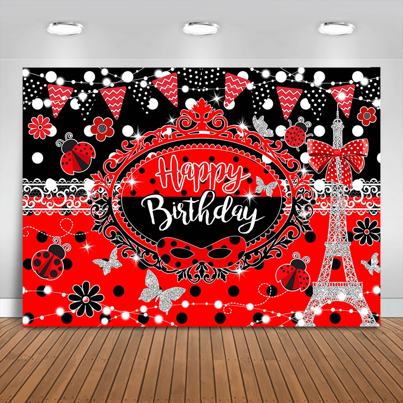 Fitumiw Ladybug Birthday Backdrop 7x5ft Eiffel Tower Butterfly Red and Black Happy Birthday Background Party Decorations for Girl Glitter Lights Bow