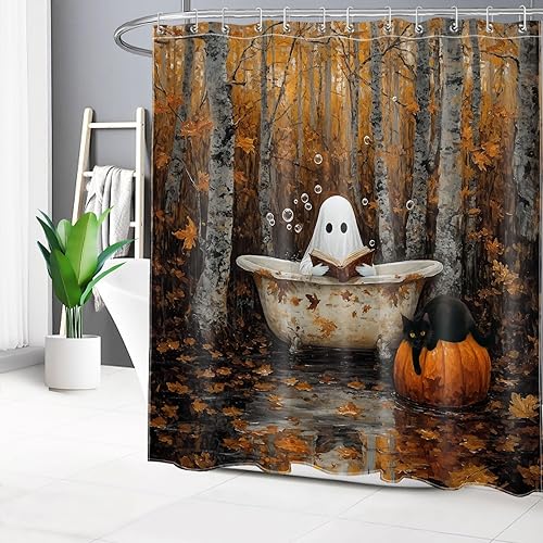 Miniatura 4 de LB Cortina de ducha de otoño para baño, divertido gato negro con fantasma en la bañera en el bosque de otoño, cortina de ducha de tela de cosecha de