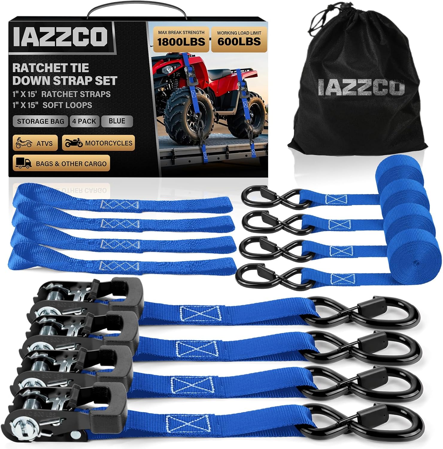 Ratchet Straps - Heavy Duty Tie Downs Straps - 1 Inch x 15 Feet 4 Pack - Safety S Hooks & Soft Loops, 1800LBS Break Strength for Men, Trucks Cargo Moving appliances Motorcycle ATV (Blue)