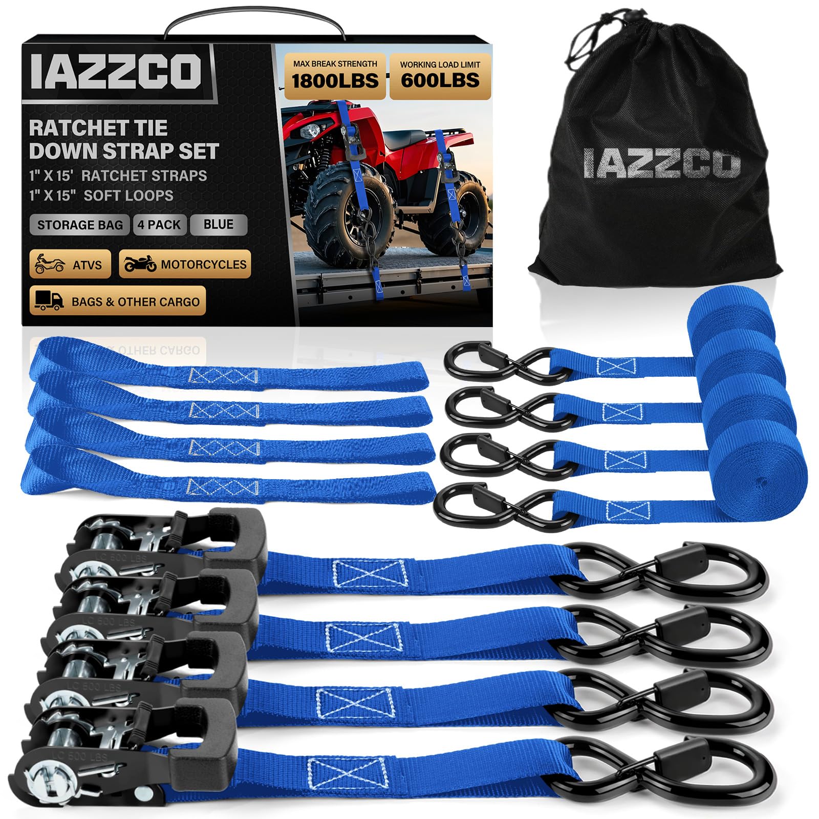 Ratchet Straps - Heavy Duty Tie Downs Straps - 1 Inch x 15 Feet 4 Pack - Safety S Hooks &amp; Soft Loops, 1800LBS Break Strength for Men, Trucks Cargo Moving appliances Motorcycle ATV (Blue)