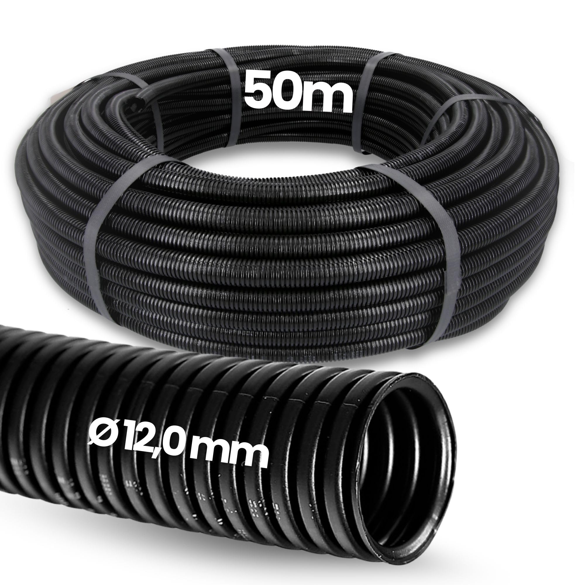 Kalitec - Tubo Corrugado Cerrado 50 m, NW 12, Protector de Cables de PP | Manguera Flexible sin Ranuras, ID 12 mm, Resistencia UV para Exterior, Automóvil y Jardín, Protección contra Martas