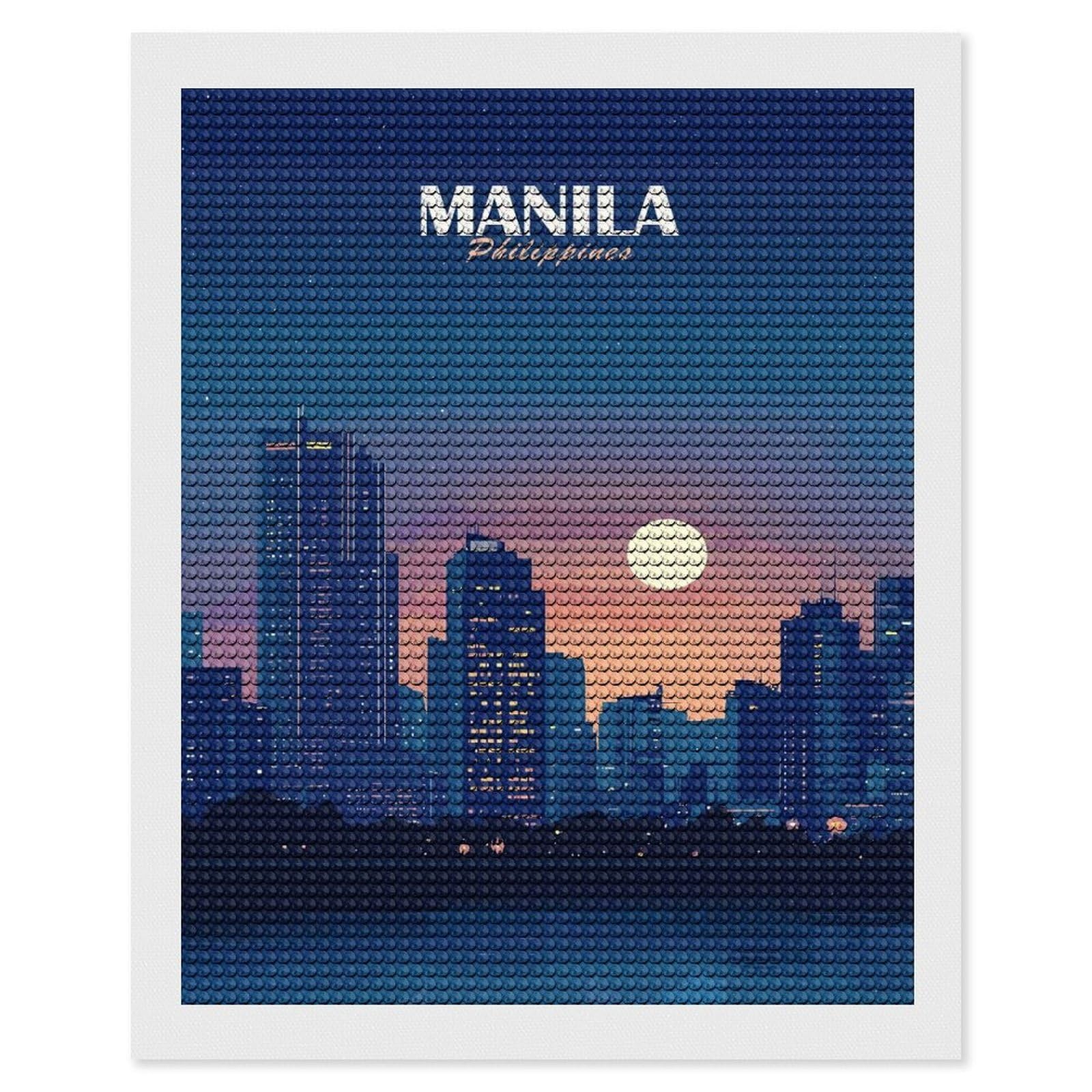 Junmoney Manila Philippines Cityscape at Night Diamond Painting Canvas Kit 16"x20", Adhesive Canvas, Christmas Gift, Full Kit Included, Thoughtful Present