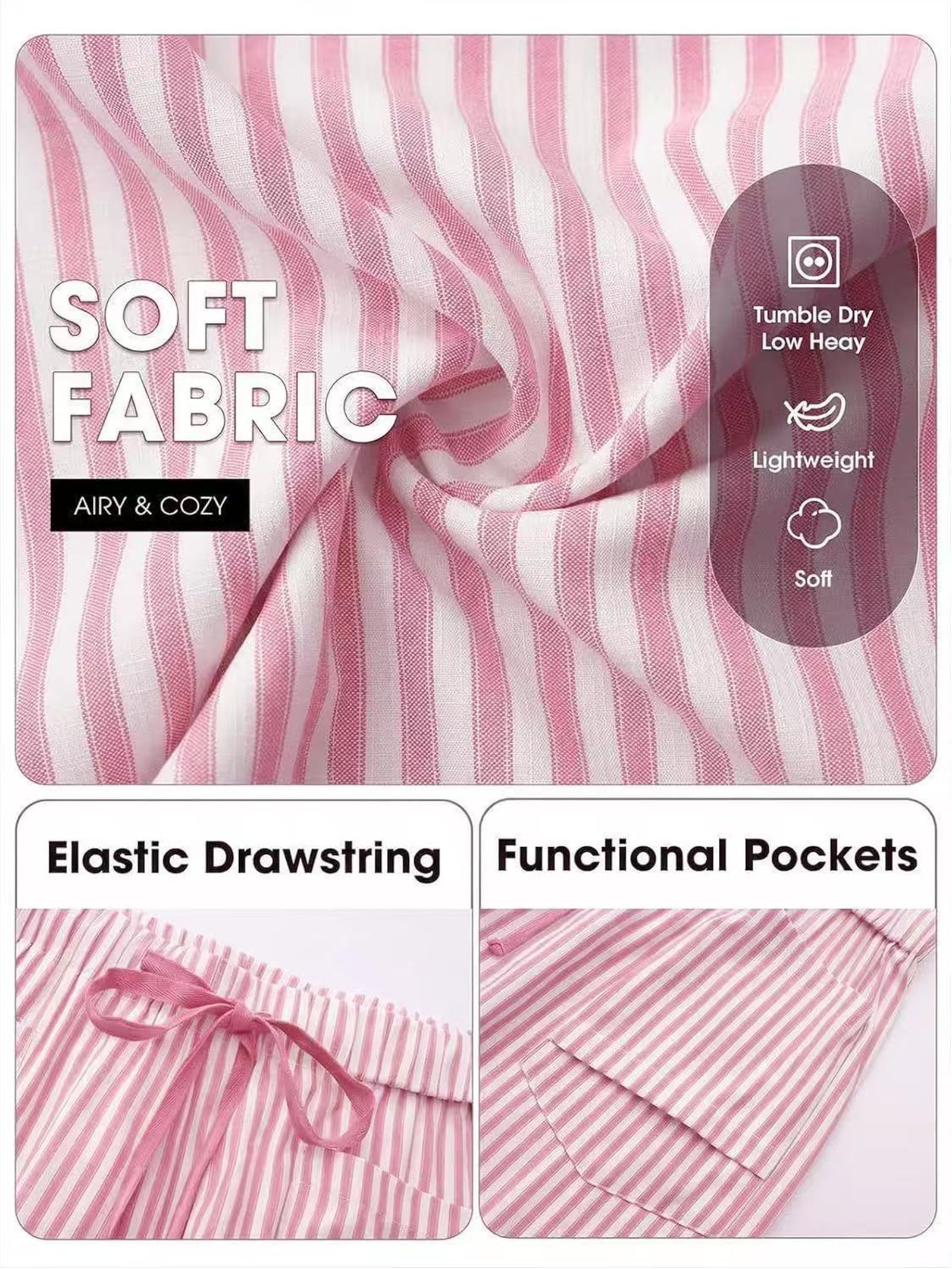 Pantaloni a barilotto da Donna a Righe in Simil Lino, Comodi e Estivi, con Coulisse e Tasche, Perfetti per la Spiaggia, Le Vacanze e Il Relax