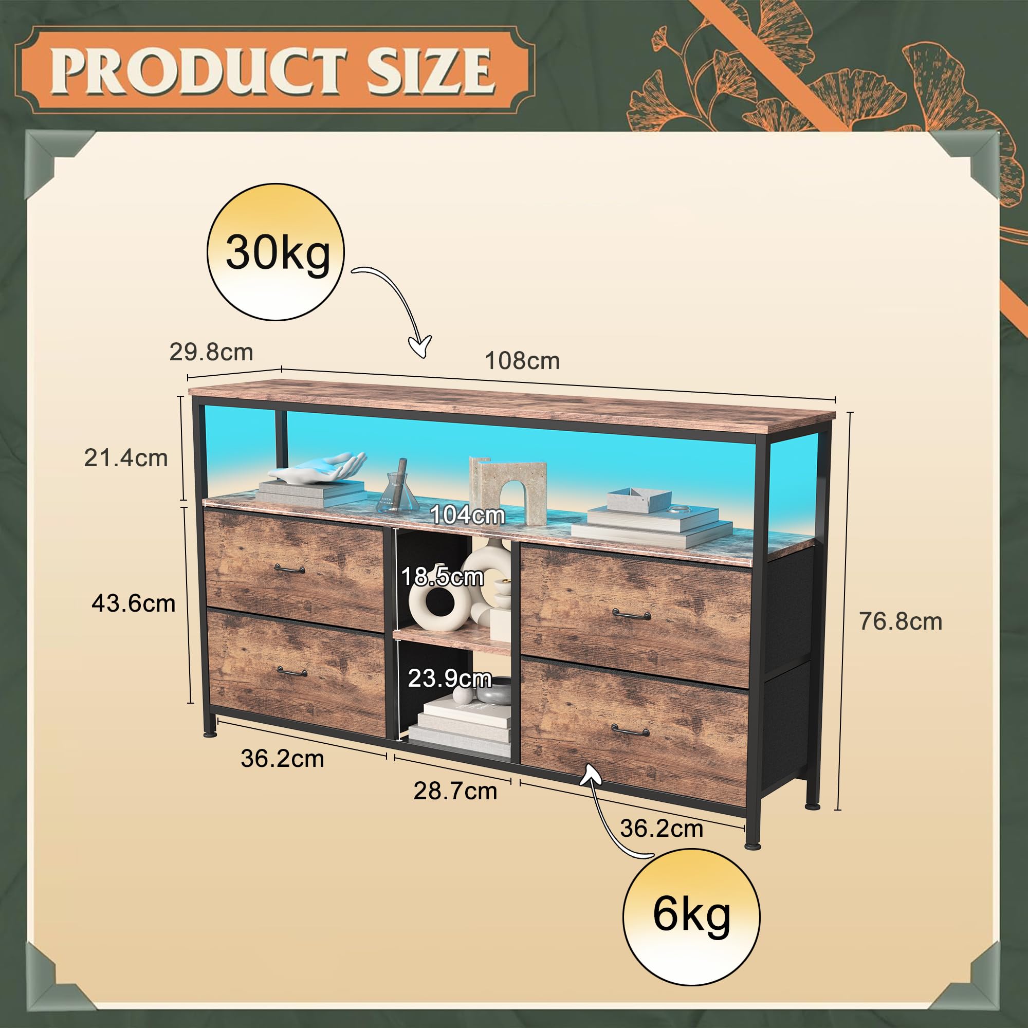 Armoire TV avec lumières LED - 108 x 30 x 78 cm - Meuble TV avec 4 tiroirs, 3 compartiments ouverts - Avec étagère en verre réglable - Pour salon, chambre à coucher - Marron - 108 x 30 x 78 cm