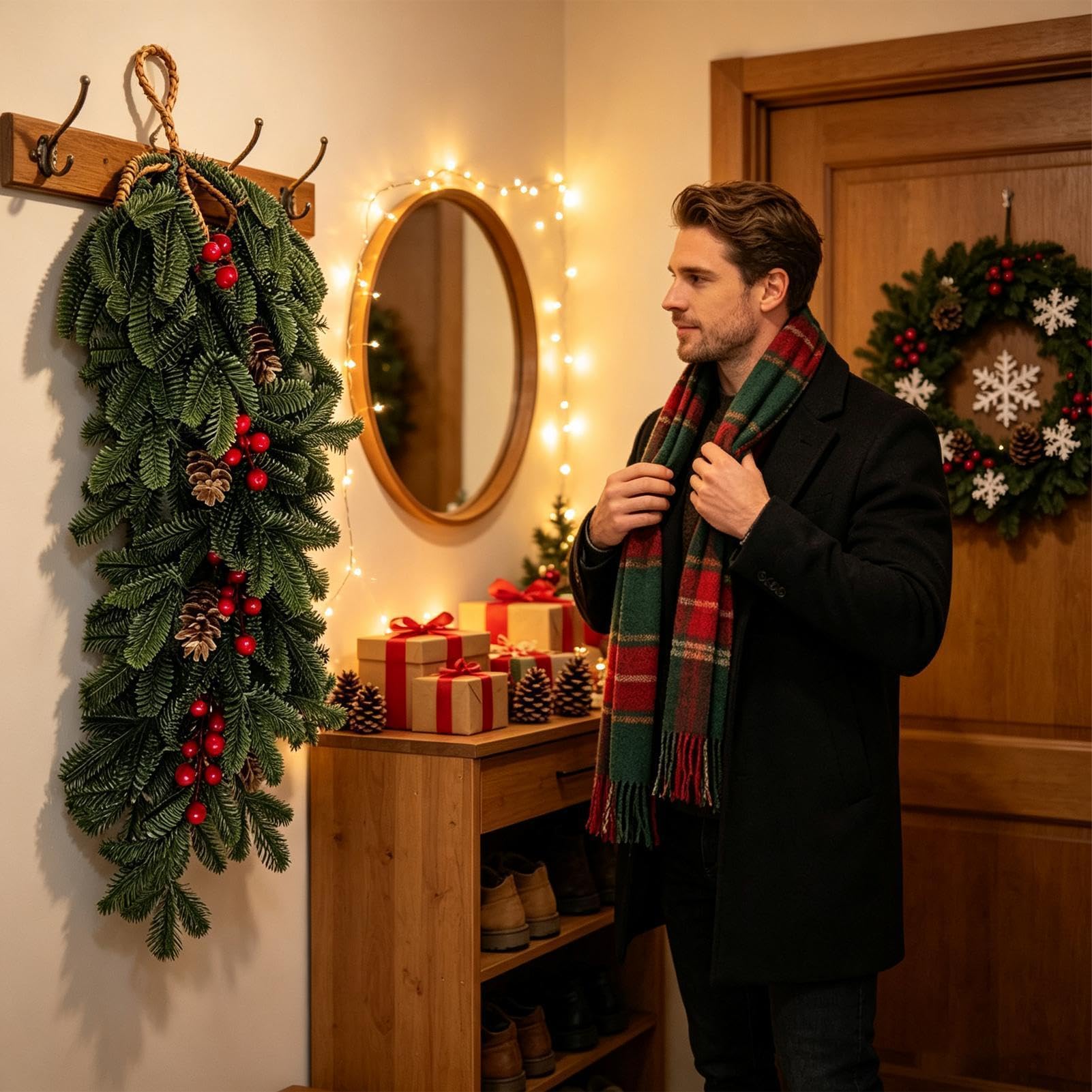 Guirlande de Cheminée Noël Tige de Houx Rouge et Baies pour Décorations de