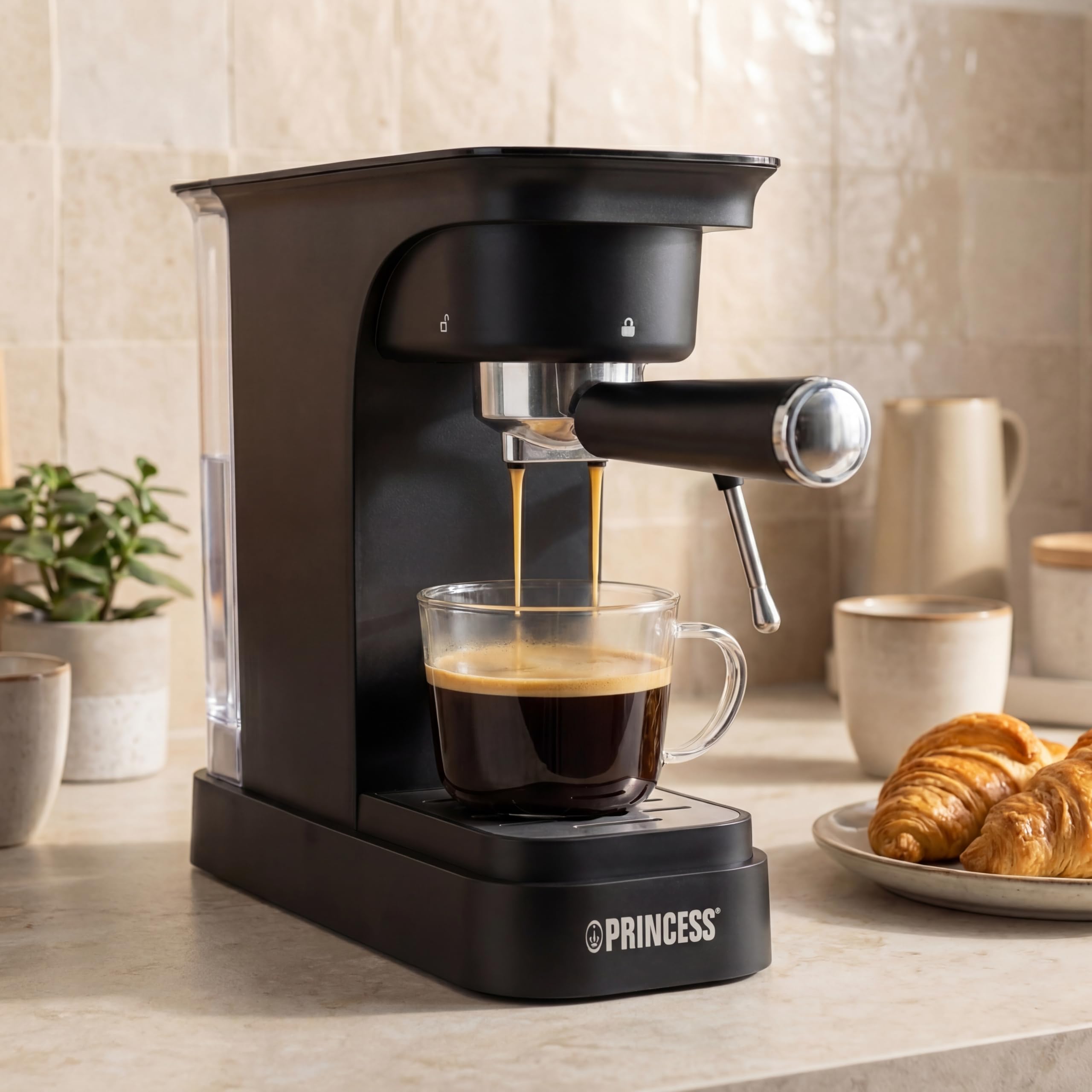 Princess Espressomaschine, 20 Bar Pumpdruck, 0,8 l Wassertank, Für Gemahlenen Kaffee und ESE Pads, Kompaktes Design, Schwarzes Gehäuse, 01.249421.01.001
