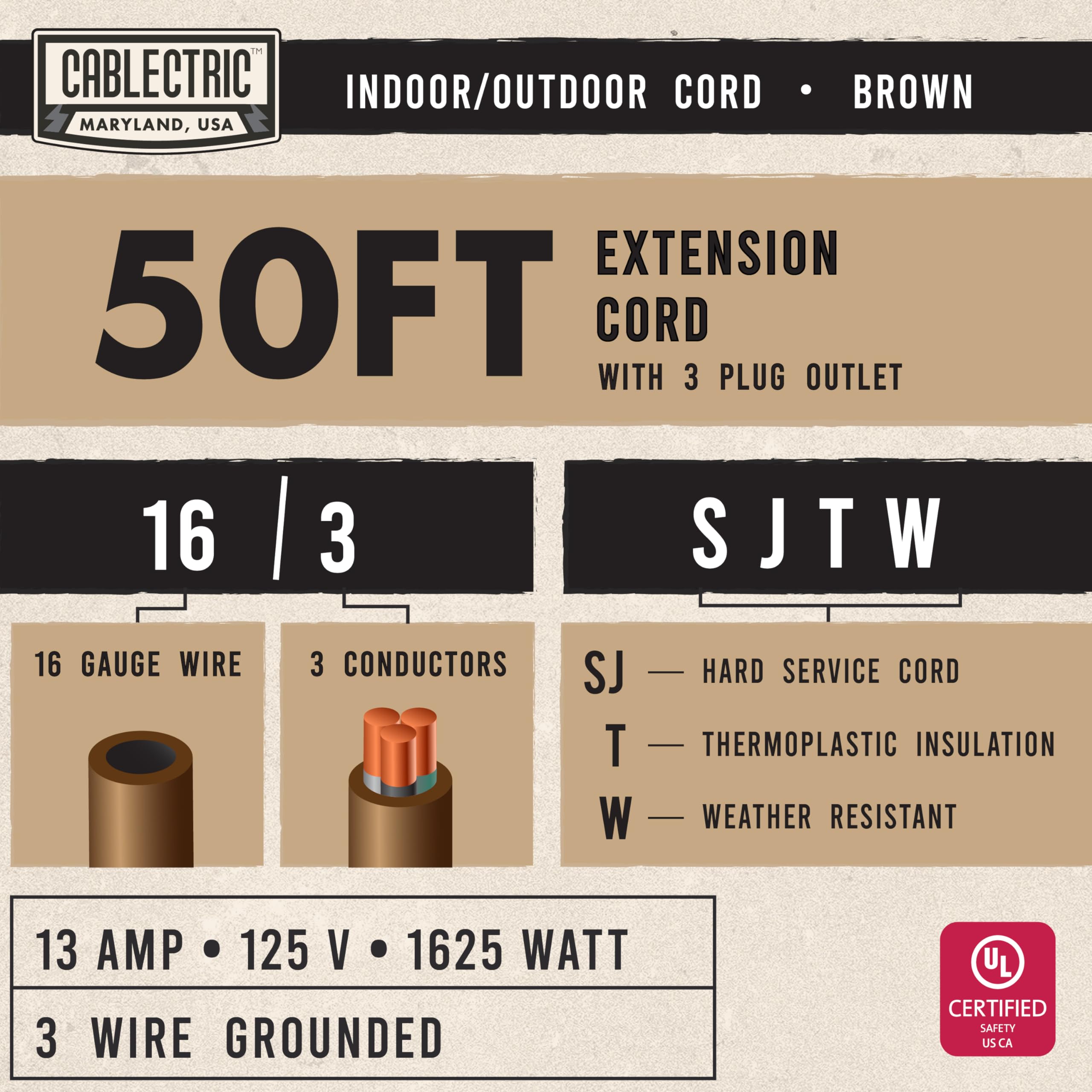 Cablectric 3 Outlet Brown Outdoor Extension Cord 50 ft, SJTW Heavy Duty 16 Gauge Extension Cord Multiple Outlets 3 Prong, 13 AMP Weatherproof Exterior Electrical Cable for Landscaping, Deck, Patio