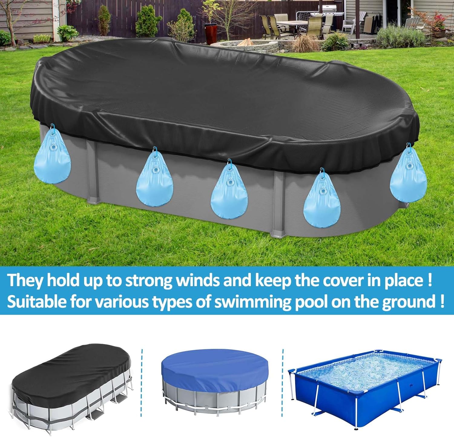 16 PCS Pool Cover Weights Water Bag Winter Antifreezing Heavy Duty Pool Cover Hanging Weights Pillow Thick PVC Windproof Tarp Water Bags with Hook for Outdoor Above Ground Swimming Pool Closing Kit
