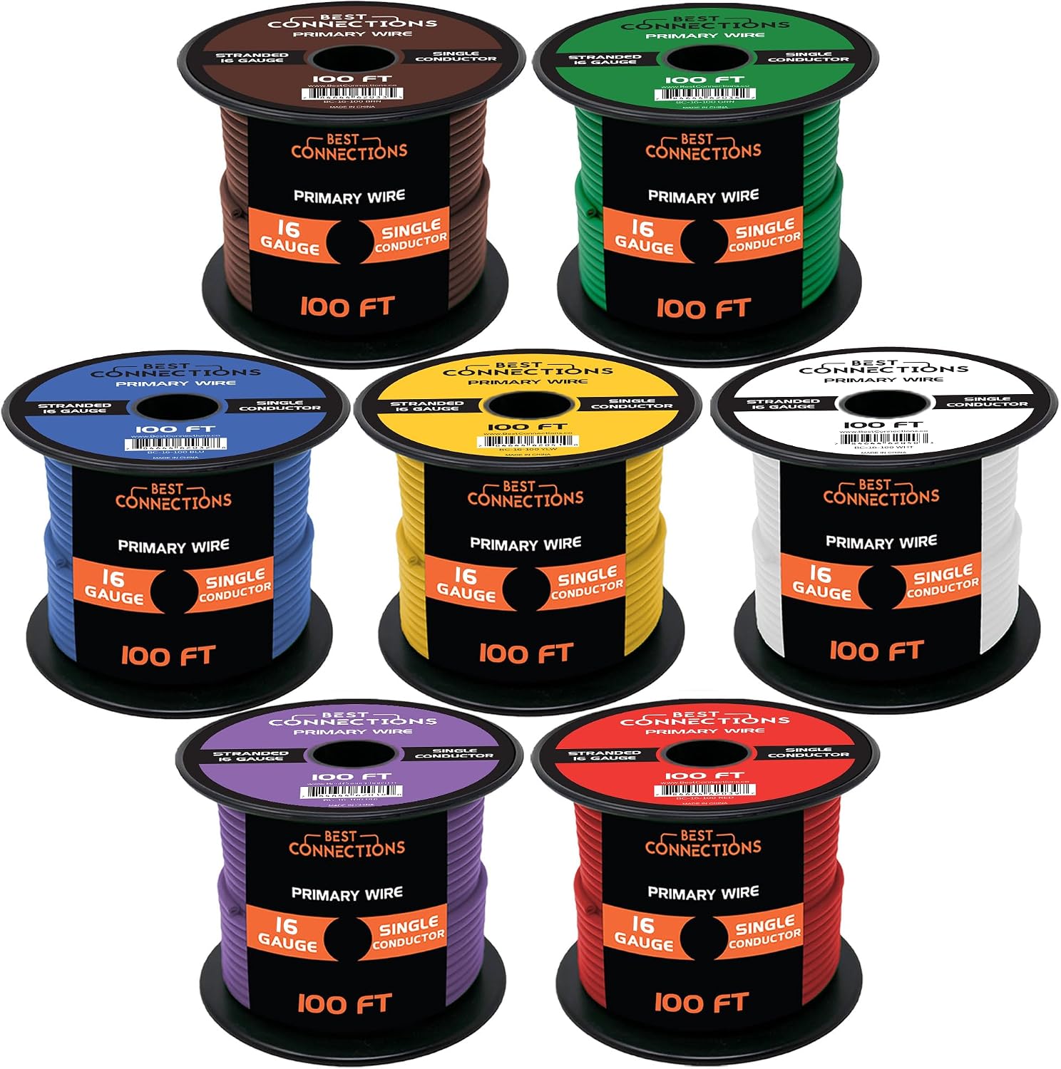 BEST CONNECTIONS 16 Gauge Automotive Primary Wire (100ft Each – 7 Color Bundle Set) – Primary/Remote, Power/Ground Electrical Wiring Harness for Trailer, Car Audio, Lighting Circuit – 700ft Total