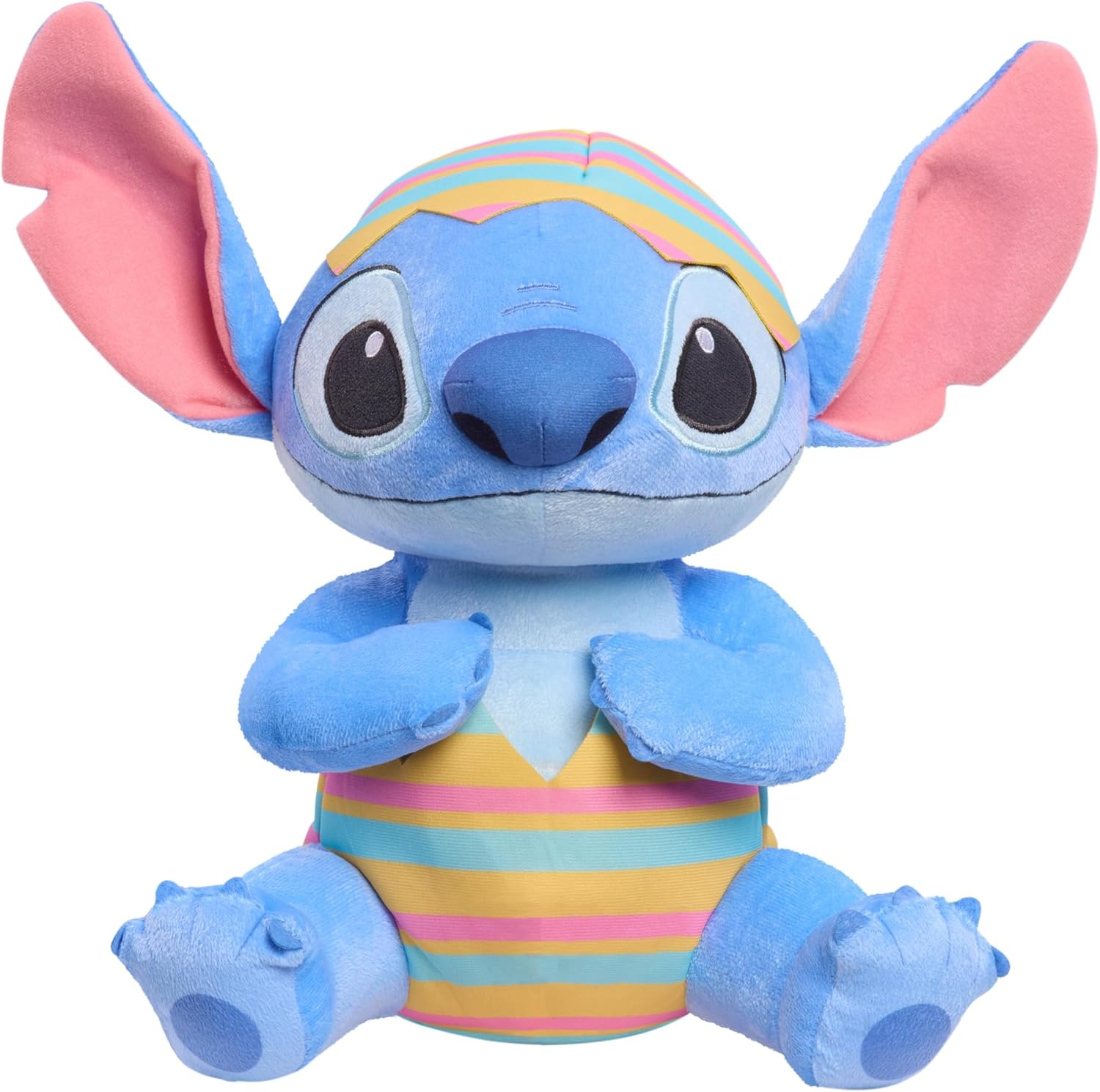 Disney Stitch Easter Plush – 13.5" Soft Stuffed Toy in Striped Egg Onesie & Matching Hat, Embroidered Details, Cute Spring & Easter Basket Gift for Kids Ages 2+, Kids Toys for Ages 2 Up by Just Play