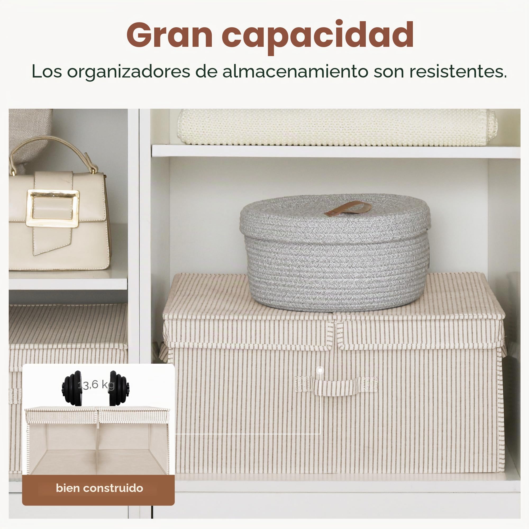 StorageWorks Cajas de almacenamiento de tela, cubos de almacenamiento grandes con tapa, 55L cubos decorativos con tapa, cajas organizadoras con asas, rayas beige, pack de 2