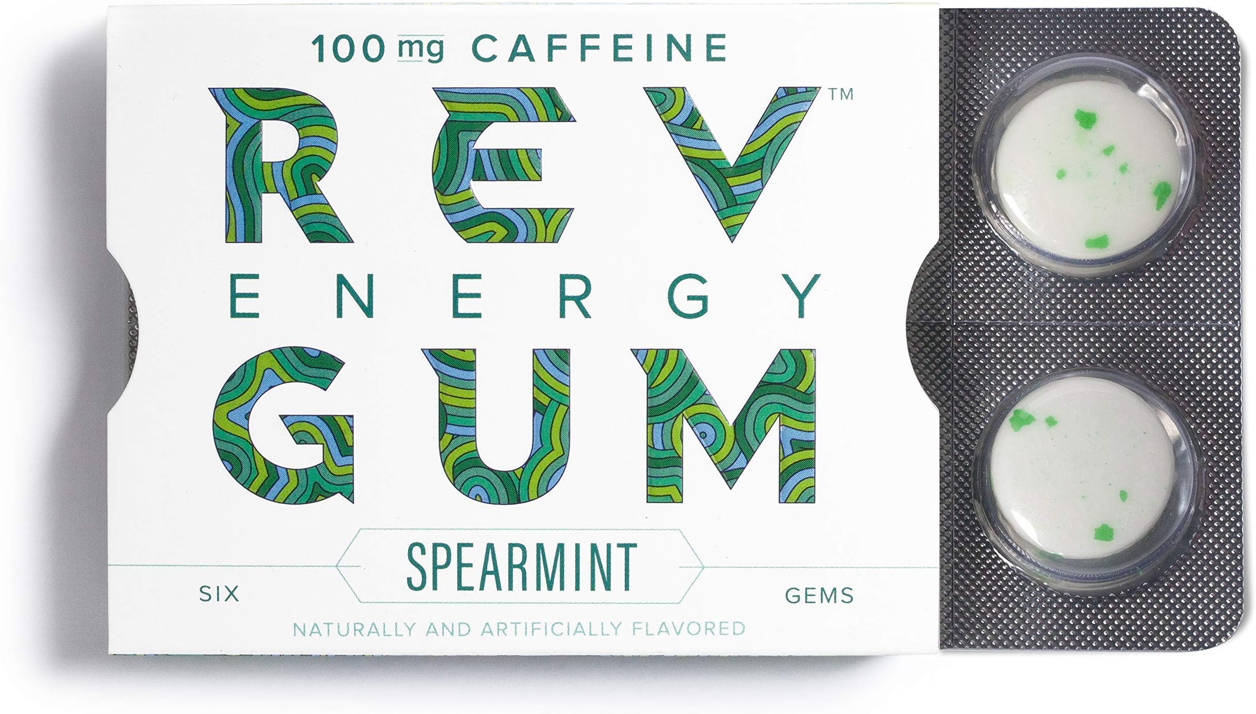 Rev Gum Caffeine Energy Gum | 100mg of Caffeine per Gem | Spearmint Sugar Free Caffeinated Mint Chewing Gum - Low Calorie Chews to Help You Stay Alert, Awake and Focused - 12 Packs (72 Count)