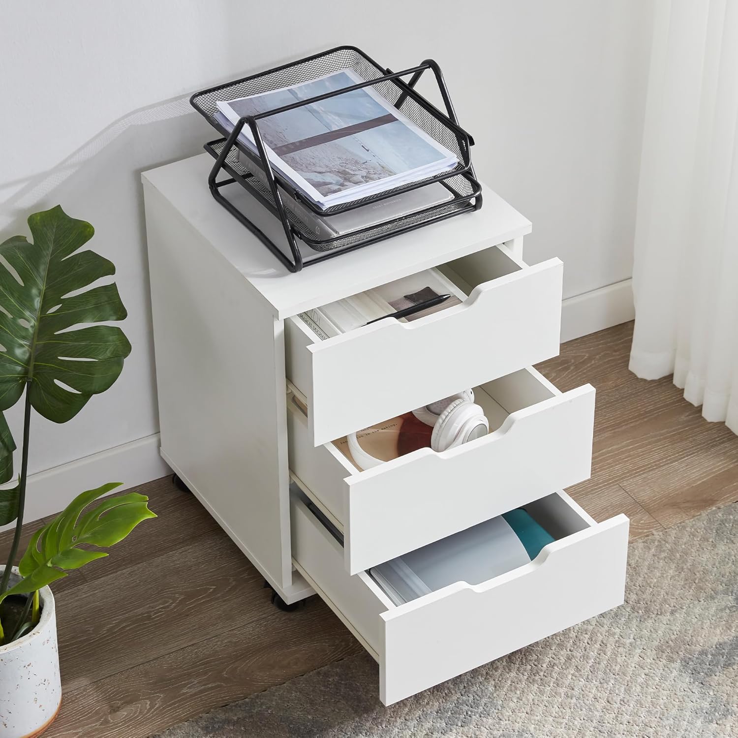 Farini 3-Drawer Under Desk Wooden File Cabinet with Lockable Caster Storage Cabinets for Home Office,White,Required Assembly