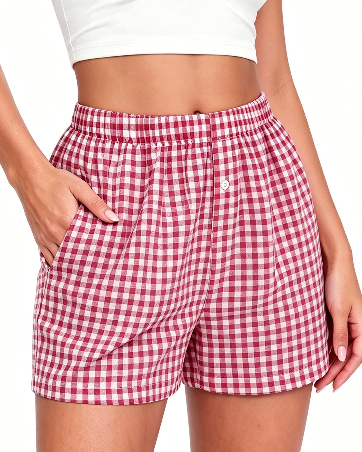 Boxer Shorts for Women Summer Gingham Pajama Bottoms with Pockets