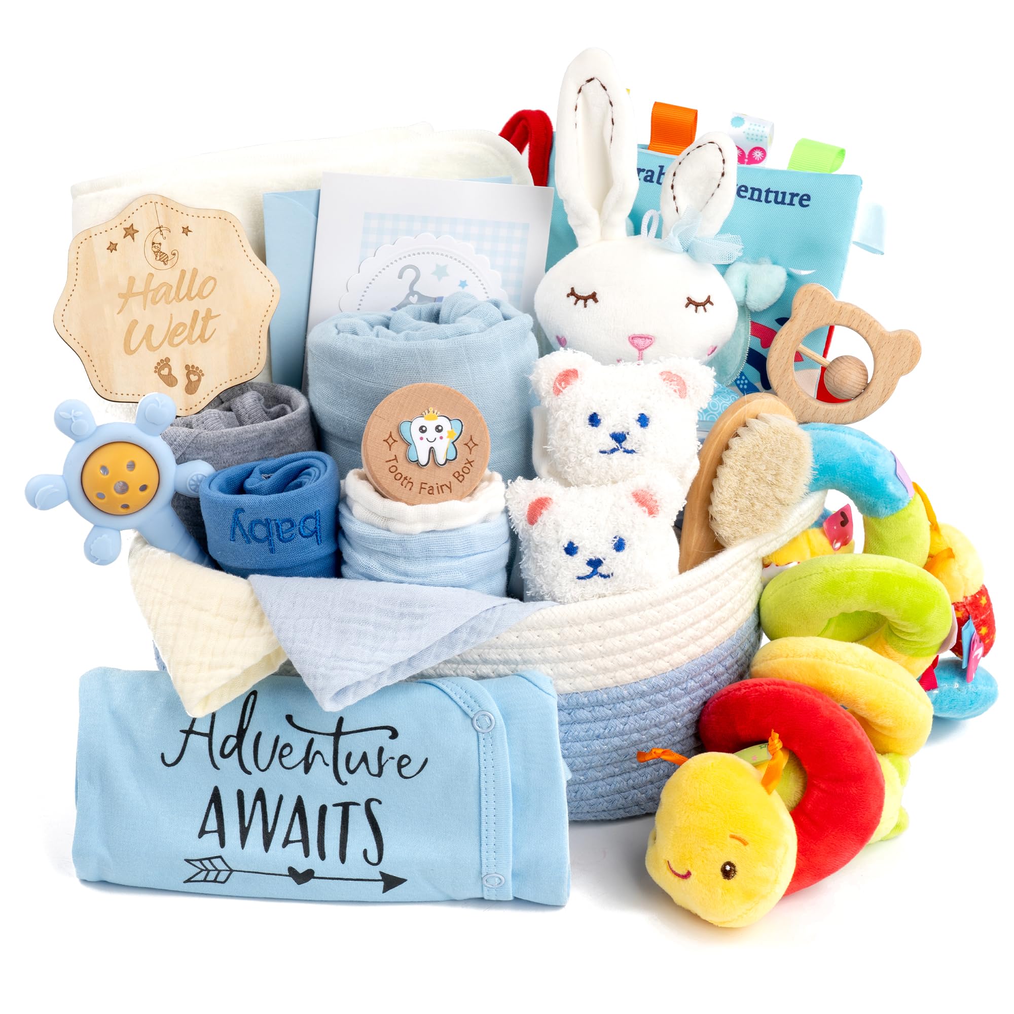 Neugeborenen Geschenk 24-teiliges，Baby zubehör, Strampler, Schnuffeltuch, Rassel & Karte，Geschenk zur Geburt für Babys (Blau)