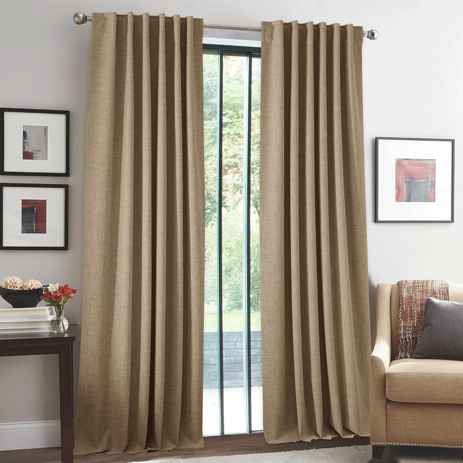 RYB HOME 100% Blackout Linen Textured Curtains for Bedroom, Farmhouse Thermal Insulated Window Curtains for Living Room Dining Patio Sliding Glass Door, Wide 52 x Long 102 inch, Burlap, 2 Panels 52"W x 102"L (Pack of 2) Burlap